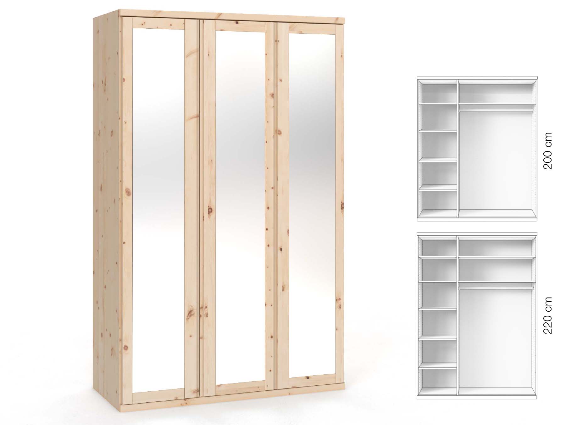 Zirbenschrank „Sandra“, 3-türig, Höhe 220 cm, Griffausführung „Patrizia“, Inneneinrichtung: B