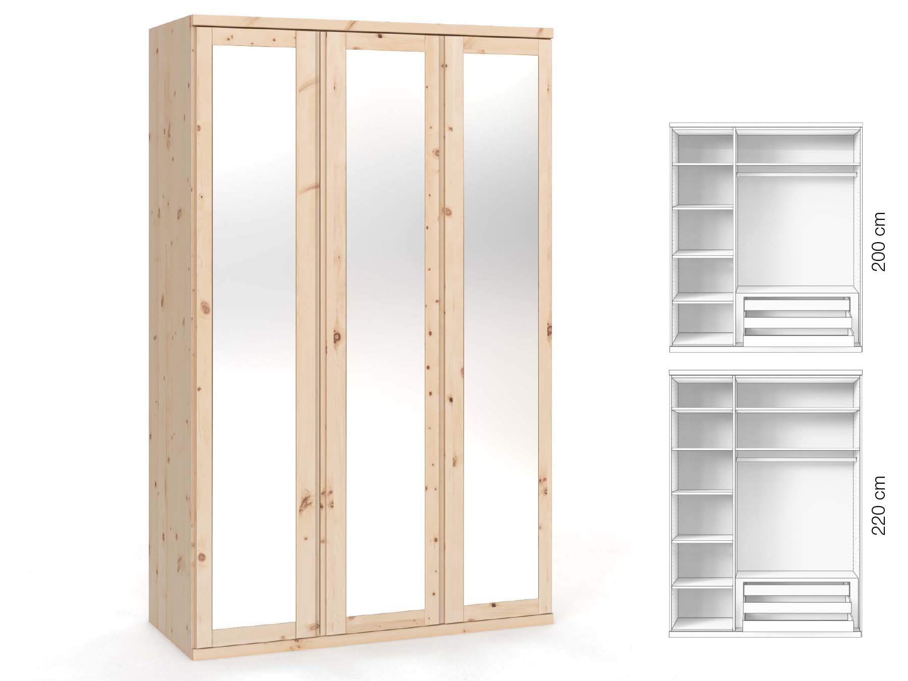 Zirbenschrank „Sandra“, 3-türig, Höhe 220 cm, Griffausführung „Patrizia“, Inneneinrichtung: C
