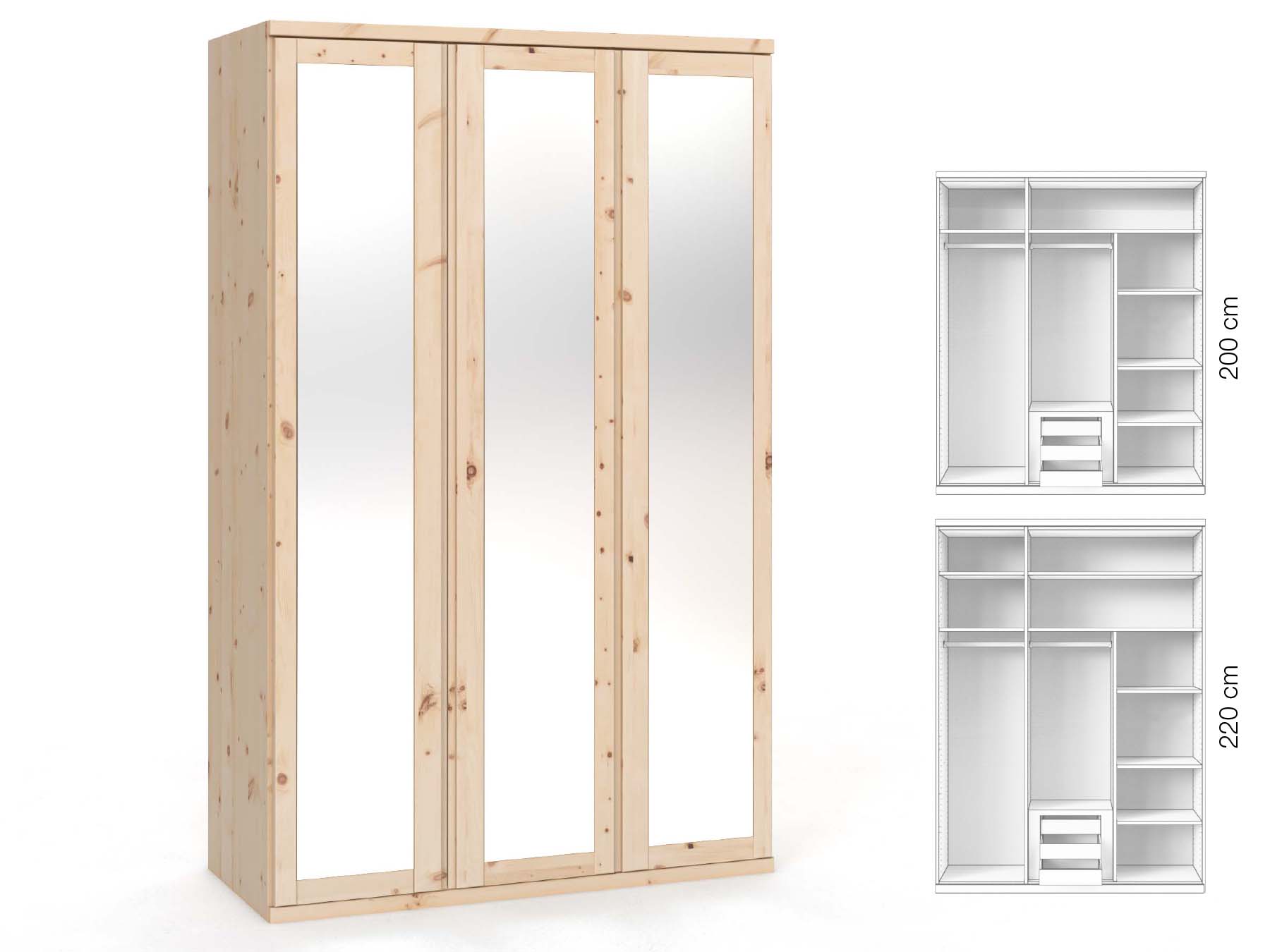 Zirbenschrank „Sandra“, 3-türig, Höhe 220 cm, Griffausführung „Patrizia“, Inneneinrichtung: D