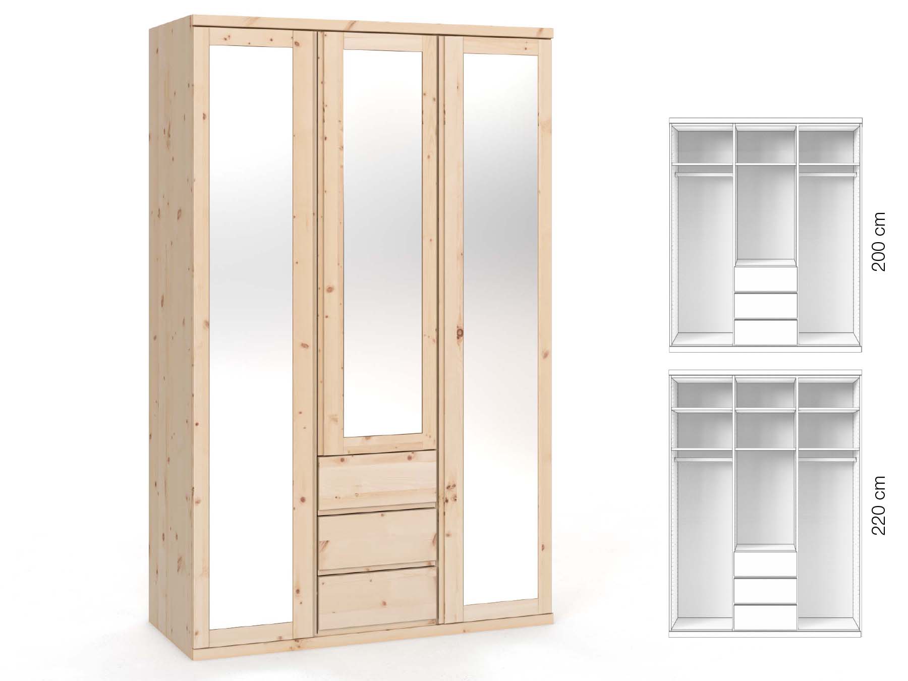 Zirbenschrank „Sandra“, 3-türig, Höhe 220 cm, Griffausführung „Patrizia“, Inneneinrichtung: E