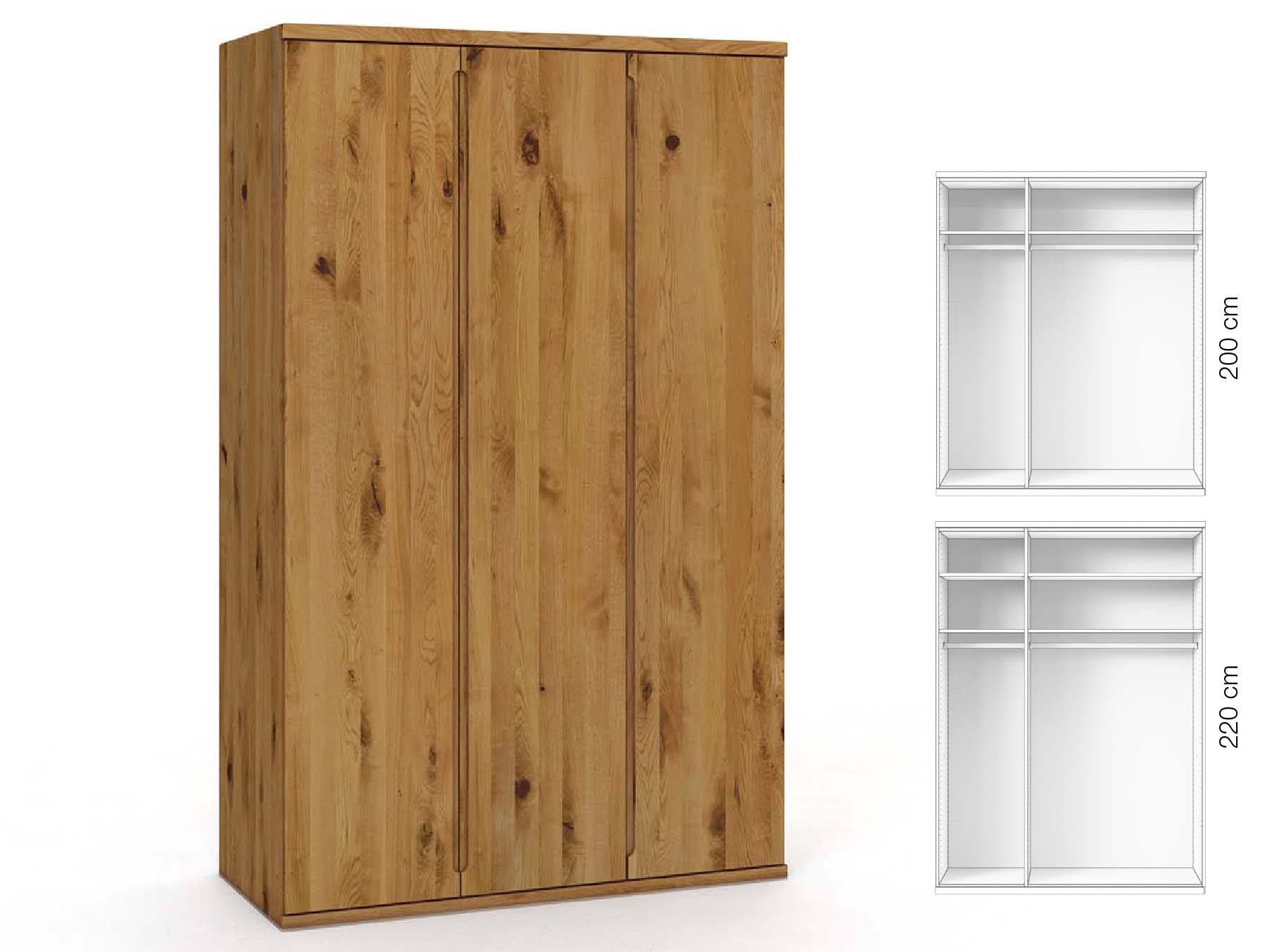 Wildeichenschrank „Valentin“, 3-türig, Höhe 220 cm, Griffausführung „Lukas“, Inneneinrichtung: A