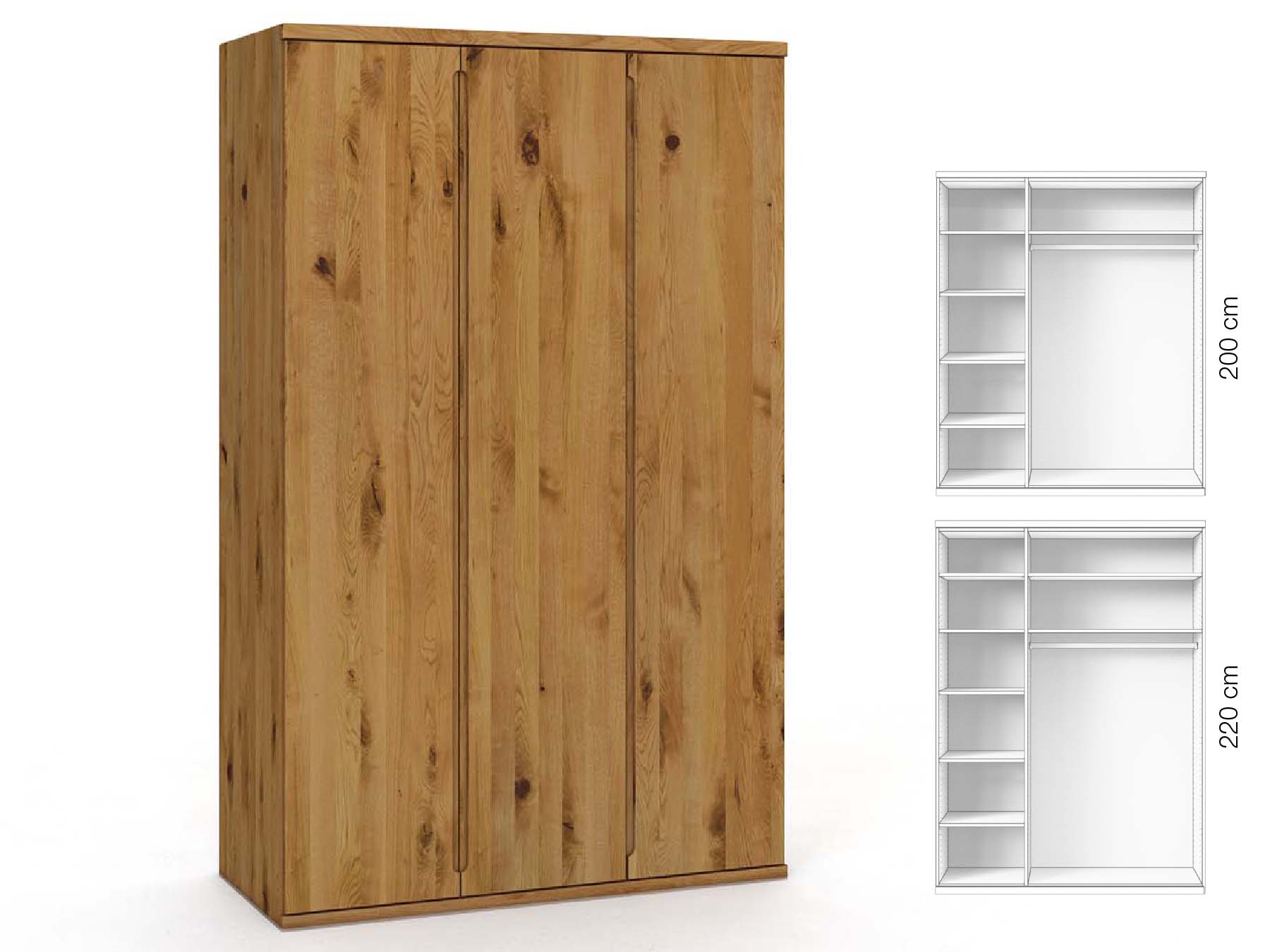 Wildeichenschrank „Valentin“, 3-türig, Höhe 220 cm, Griffausführung „Lukas“, Inneneinrichtung: B