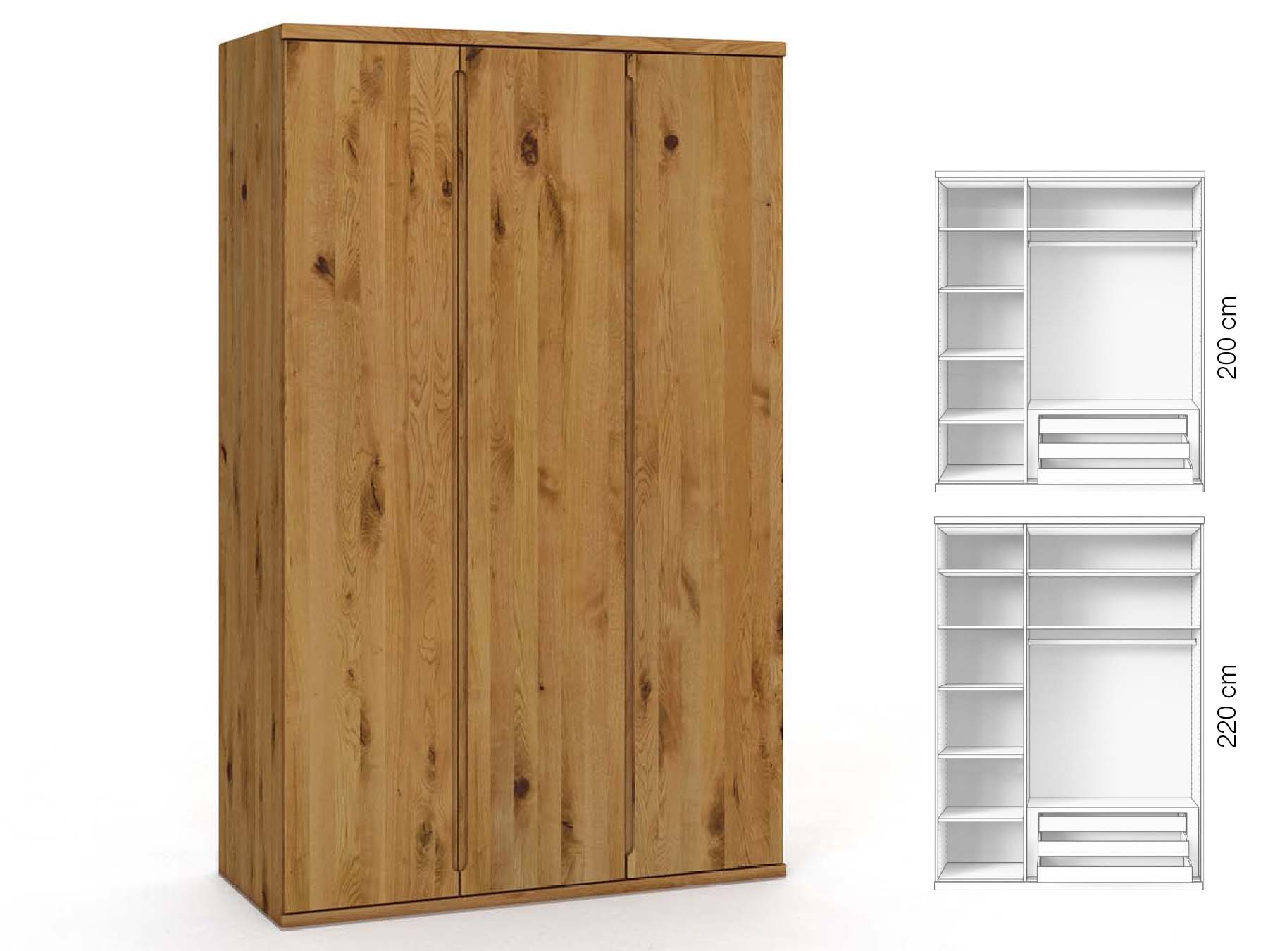 Wildeichenschrank „Valentin“, 3-türig, Höhe 220 cm, Griffausführung „Lukas“, Inneneinrichtung: C