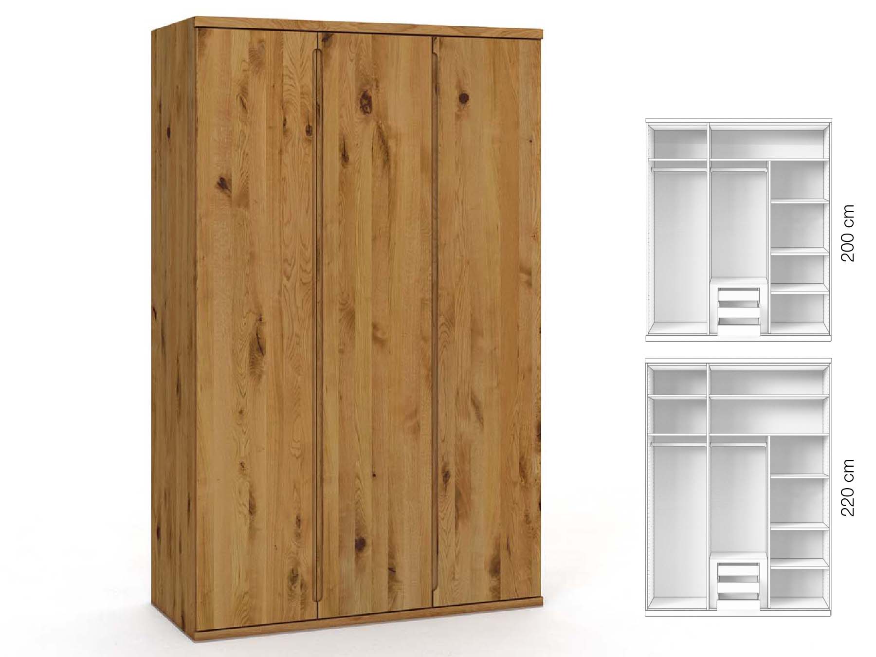 Wildeichenschrank „Valentin“, 3-türig, Höhe 220 cm, Griffausführung „Lukas“, Inneneinrichtung: D