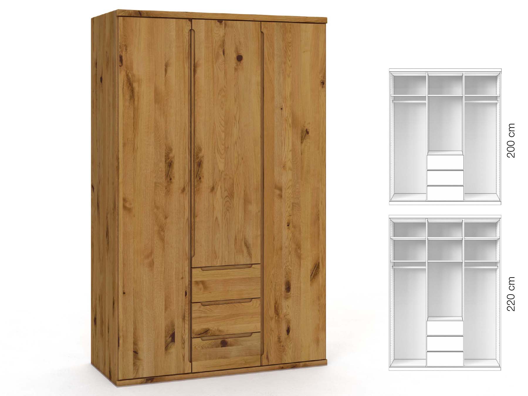 Wildeichenschrank „Valentin“, 3-türig, Höhe 220 cm, Griffausführung „Lukas“, Inneneinrichtung: E