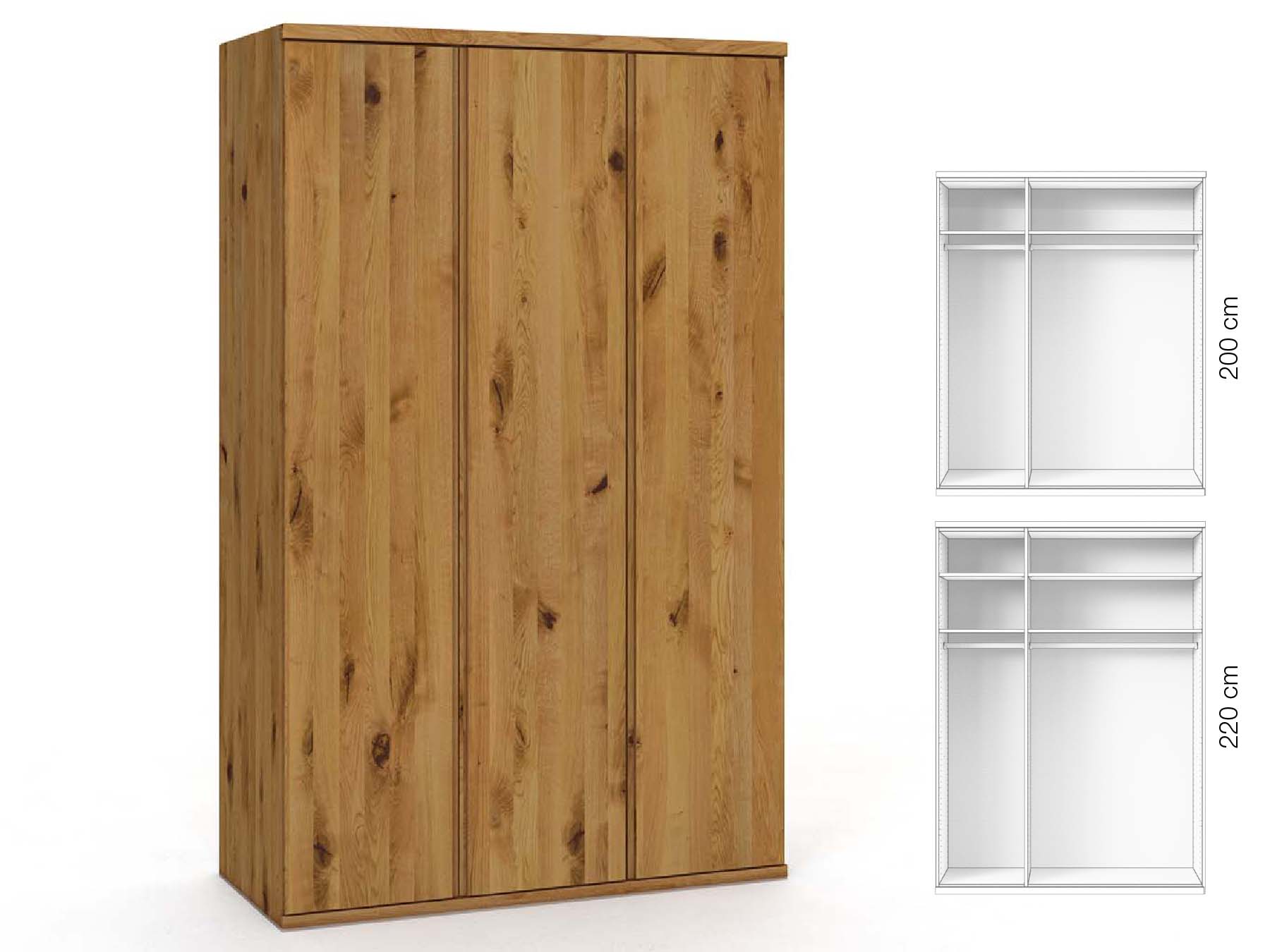 Wildeichenschrank „Valentin“, 3-türig, Höhe 220 cm, Griffausführung „Patrizia“, Inneneinrichtung: A