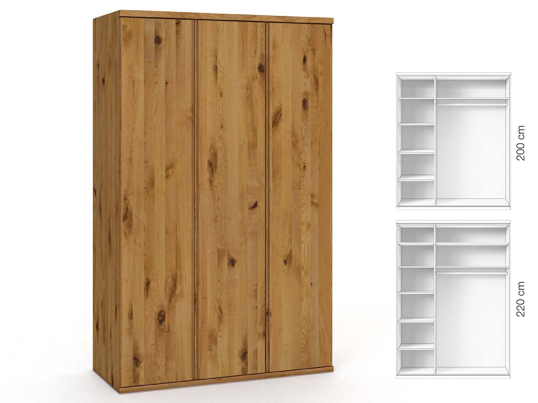 Wildeichenschrank „Valentin“, 3-türig, Höhe 220 cm, Griffausführung „Patrizia“, Inneneinrichtung: B