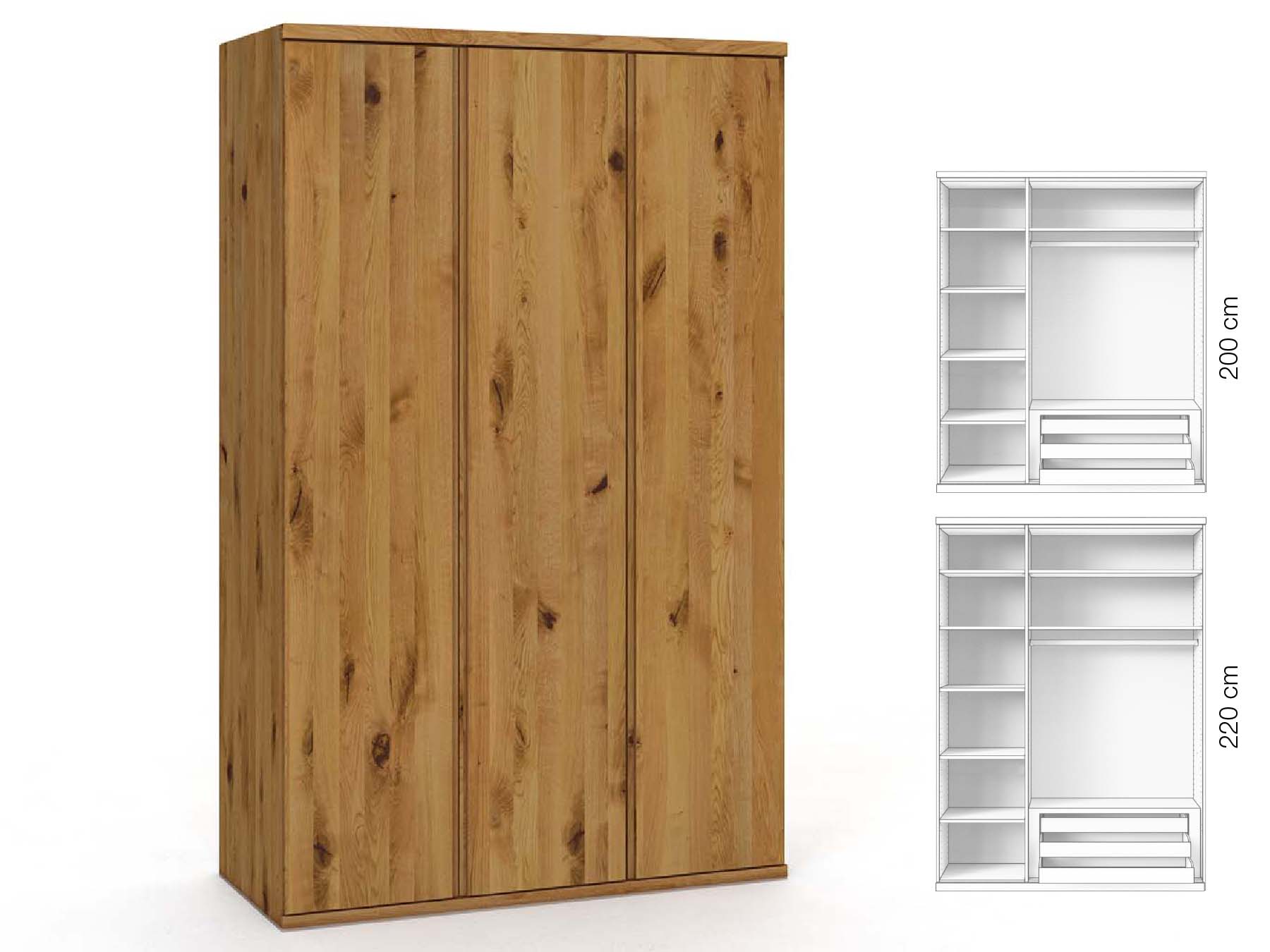 Wildeichenschrank „Valentin“, 3-türig, Höhe 220 cm, Griffausführung „Patrizia“, Inneneinrichtung: C