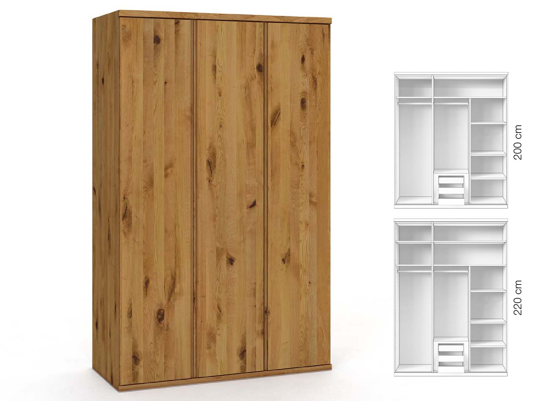 Wildeichenschrank „Valentin“, 3-türig, Höhe 220 cm, Griffausführung „Patrizia“, Inneneinrichtung: D