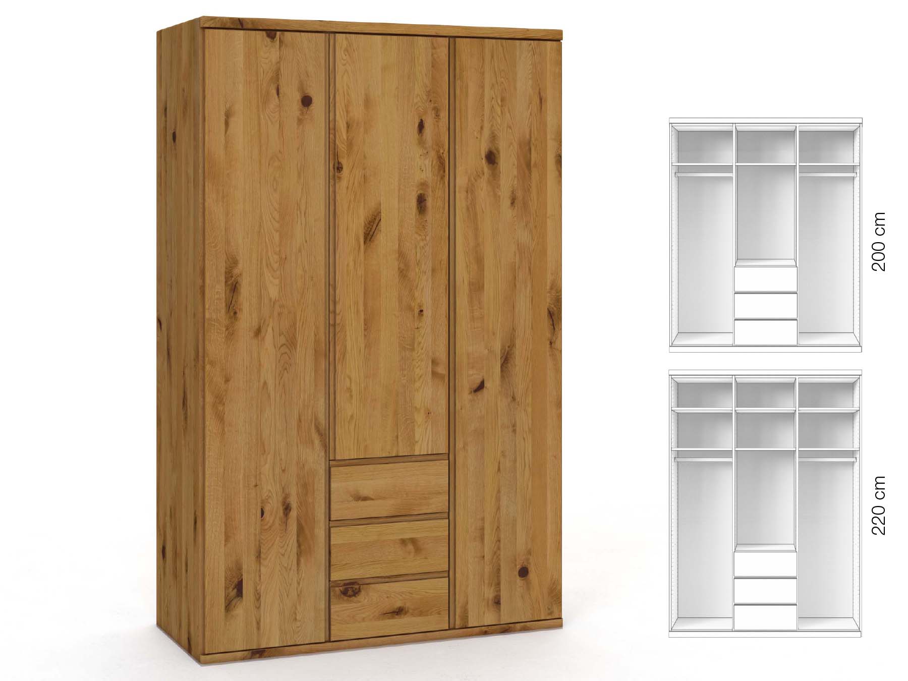 Wildeichenschrank „Valentin“, 3-türig, Höhe 220 cm, Griffausführung „Patrizia“, Inneneinrichtung: E