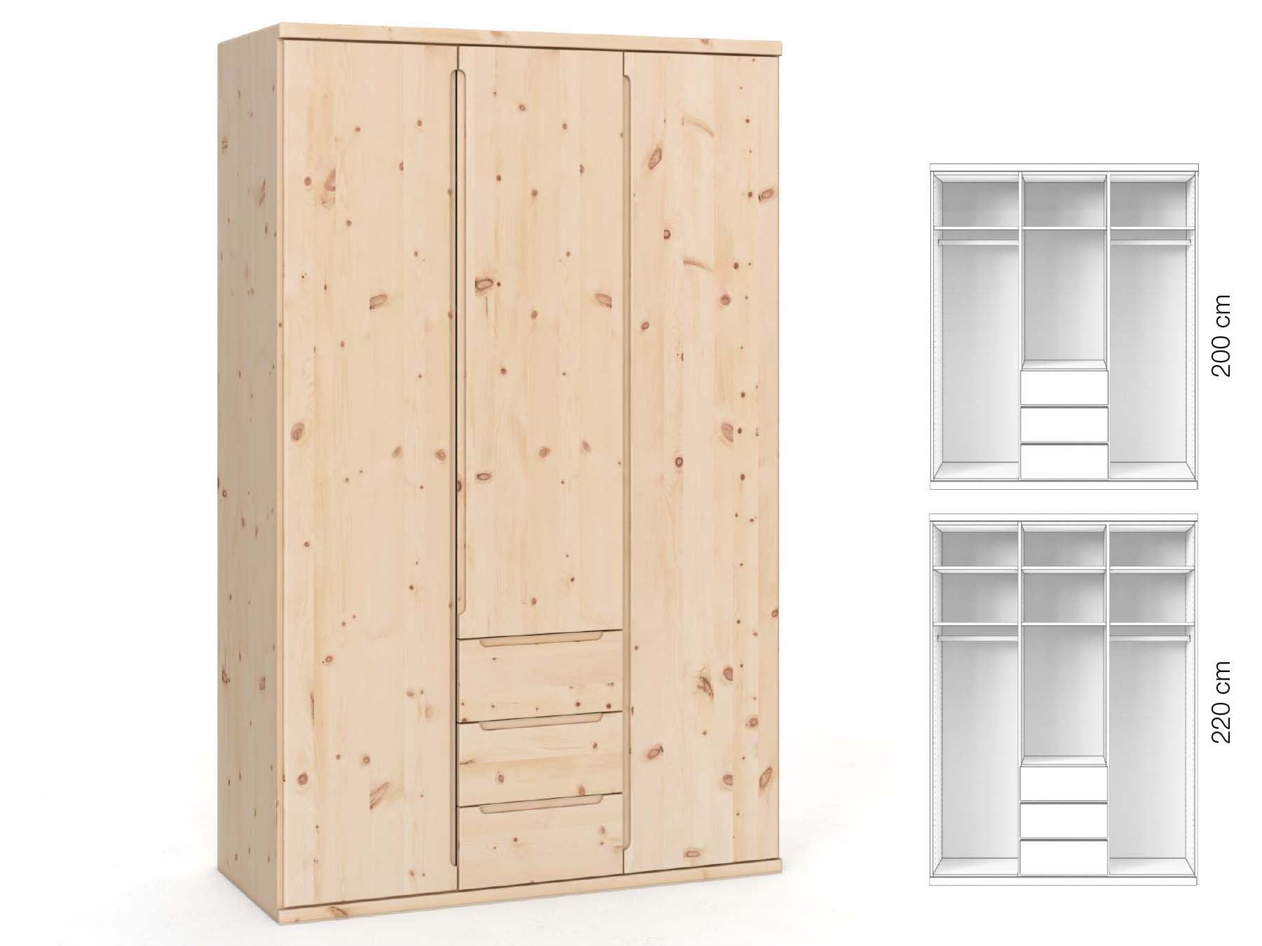 Zirbenschrank „Valentin“, 2-türig, Höhe 220 cm, Griffausführung „Lukas“, Inneneinrichtung: E