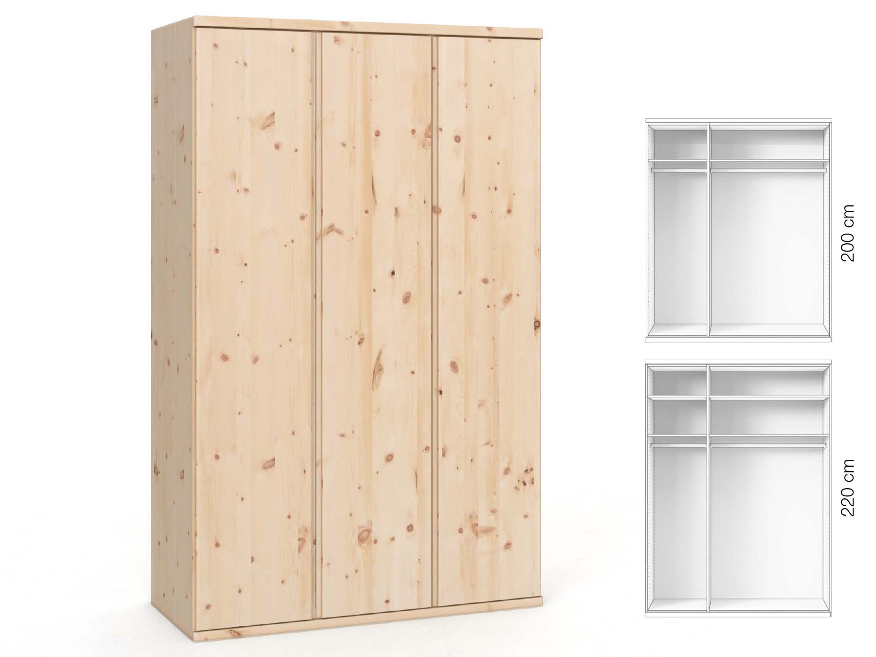 Zirbenschrank „Valentin“, 2-türig, Höhe 220 cm, Griffausführung „Patrizia“, Inneneinrichtung: A