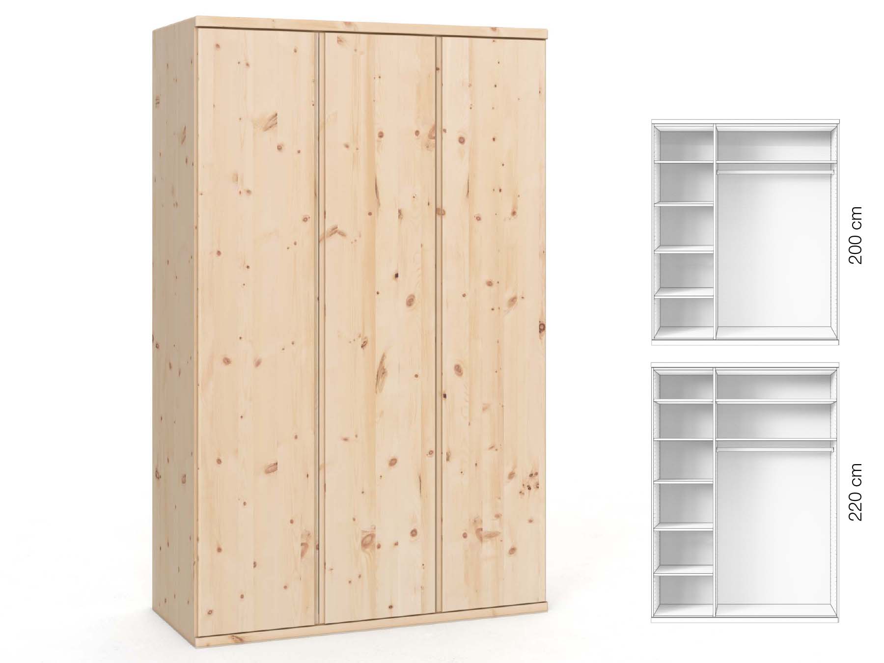 Zirbenschrank „Valentin“, 2-türig, Höhe 220 cm, Griffausführung „Patrizia“, Inneneinrichtung: B
