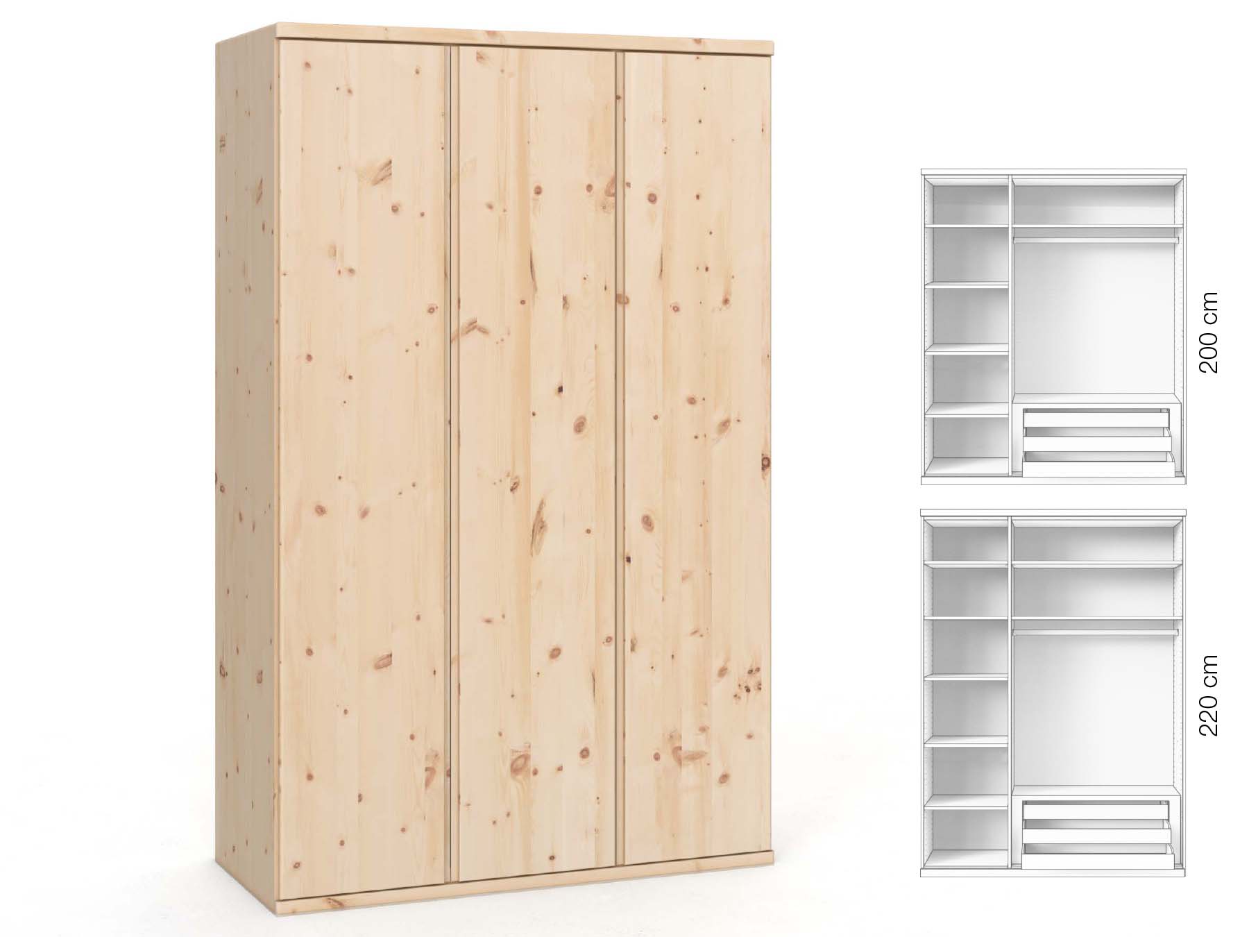 Zirbenschrank „Valentin“, 2-türig, Höhe 220 cm, Griffausführung „Patrizia“, Inneneinrichtung: C