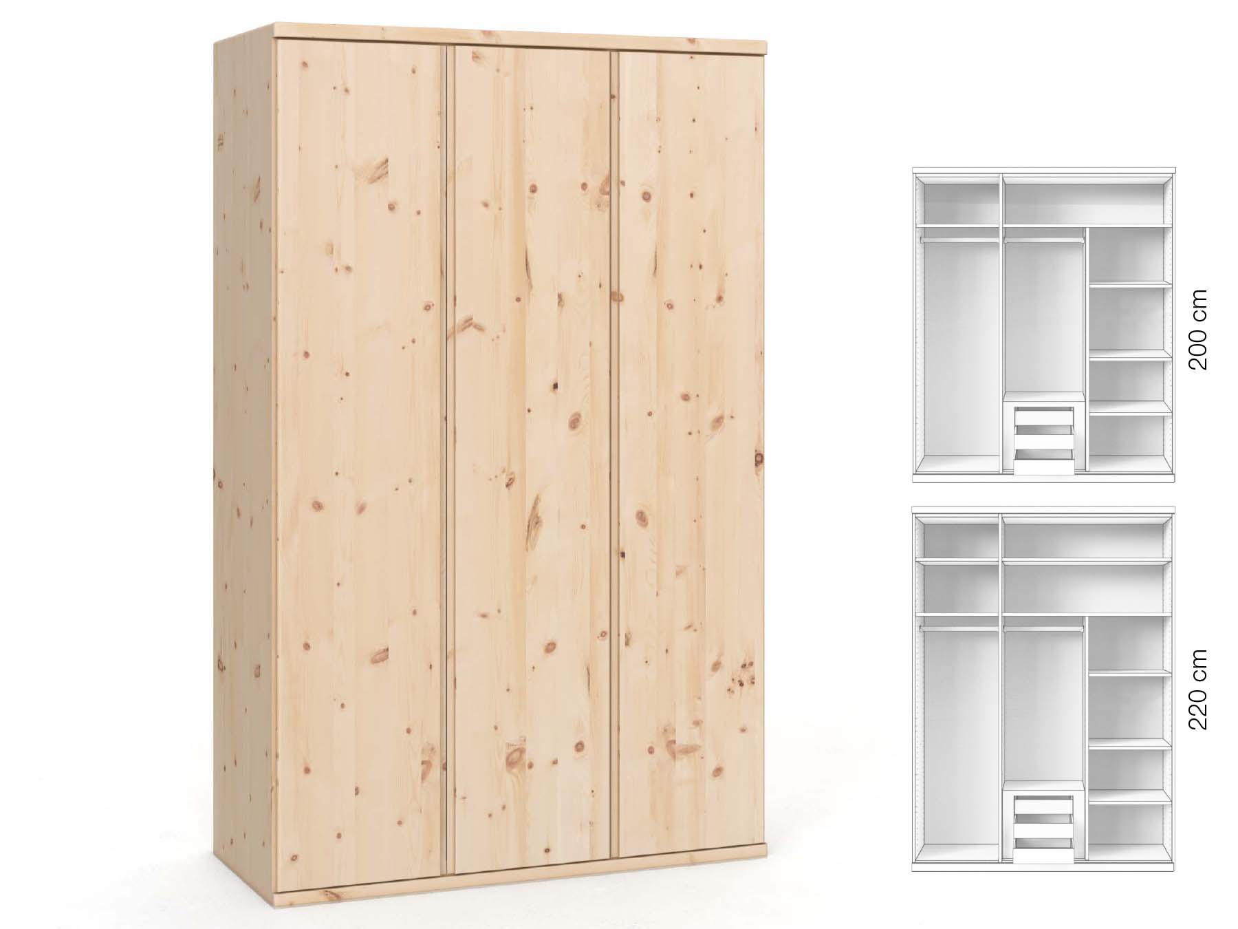 Zirbenschrank „Valentin“, 2-türig, Höhe 220 cm, Griffausführung „Patrizia“, Inneneinrichtung: D