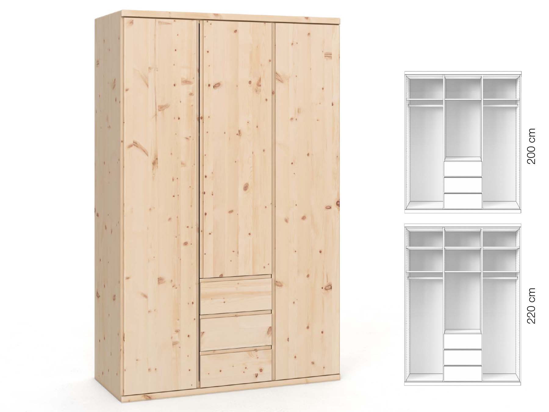 Zirbenschrank „Valentin“, 2-türig, Höhe 220 cm, Griffausführung „Patrizia“, Inneneinrichtung: E