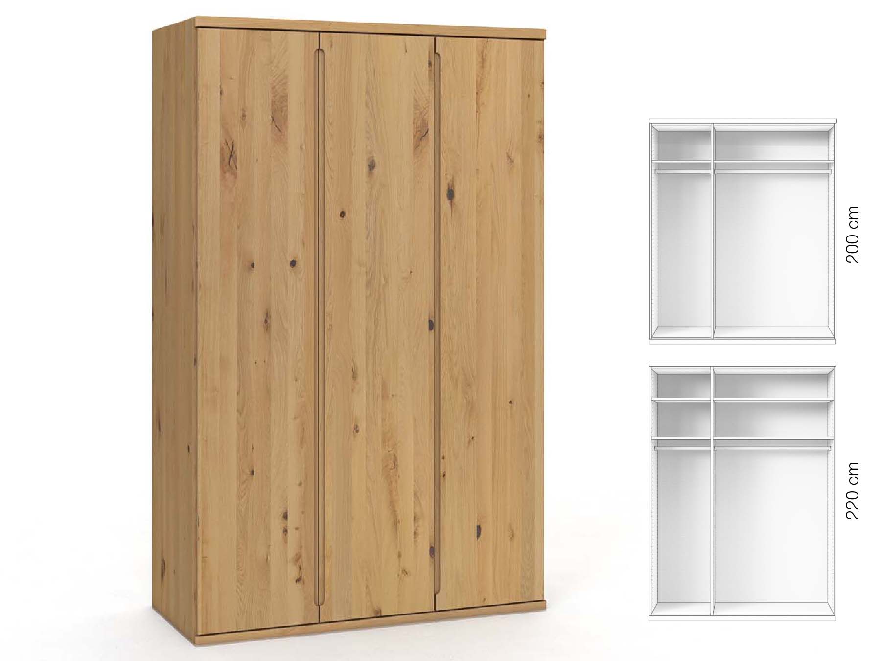 Wildeichenschrank Hell „Valentin“, 3-türig, Höhe 220 cm, Griffausführung „Lukas“, Inneneinrichtung: A