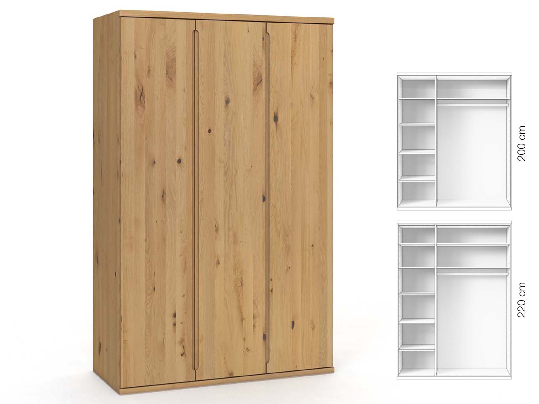 Wildeichenschrank Hell „Valentin“, 3-türig, Höhe 220 cm, Griffausführung „Lukas“, Inneneinrichtung: B