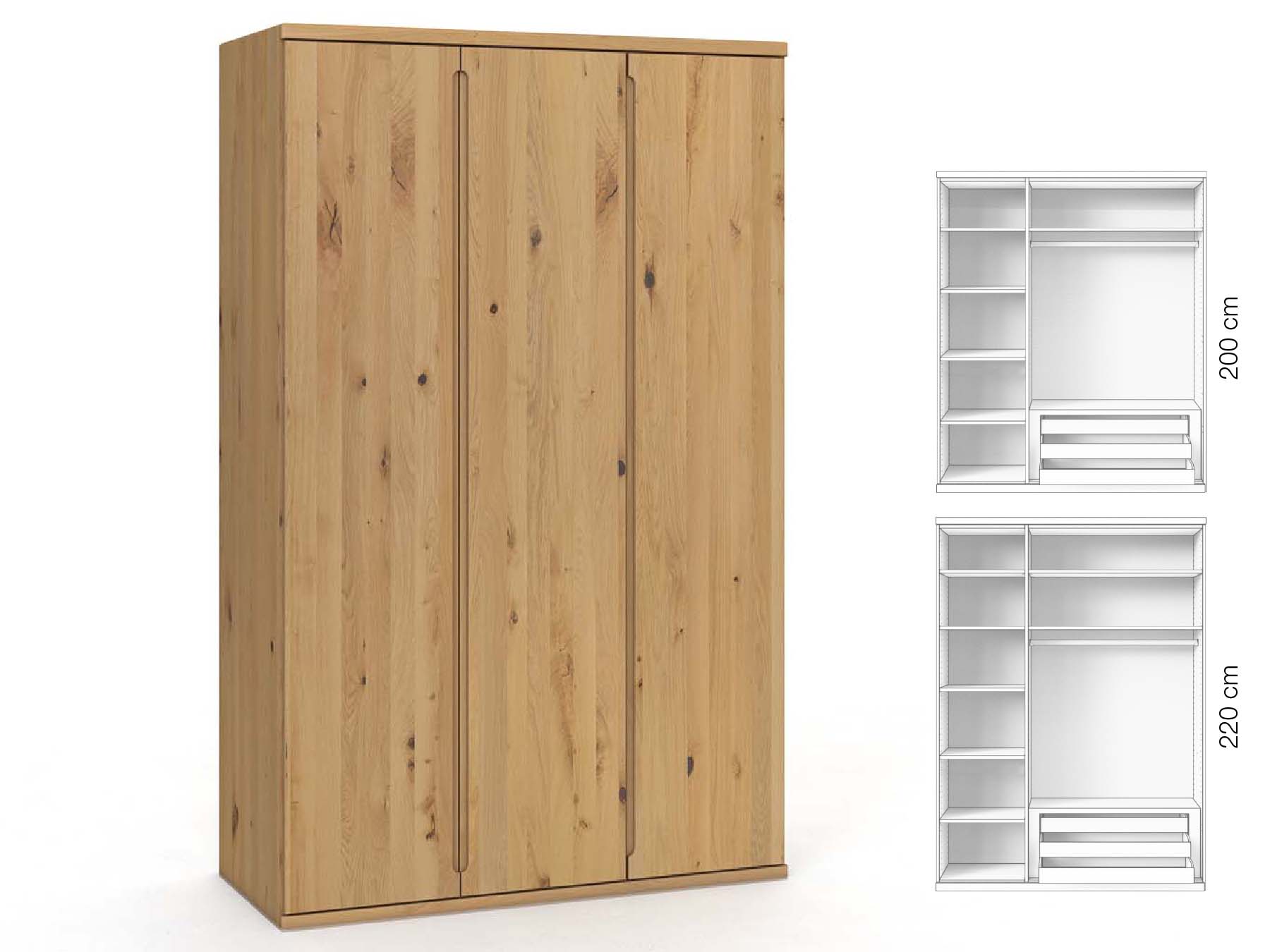 Wildeichenschrank Hell „Valentin“, 3-türig, Höhe 220 cm, Griffausführung „Lukas“, Inneneinrichtung: C