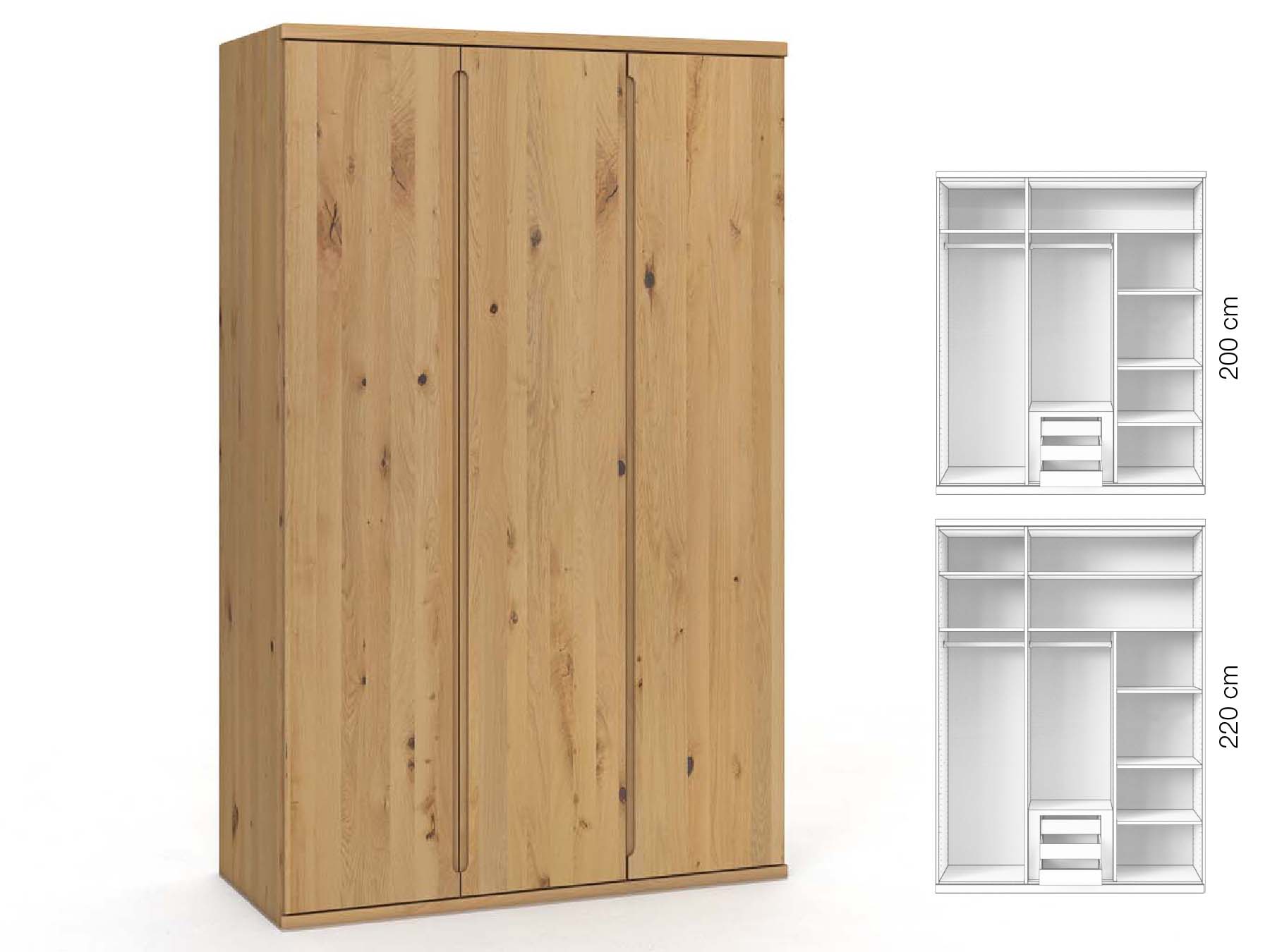 Wildeichenschrank Hell „Valentin“, 3-türig, Höhe 220 cm, Griffausführung „Lukas“, Inneneinrichtung: D