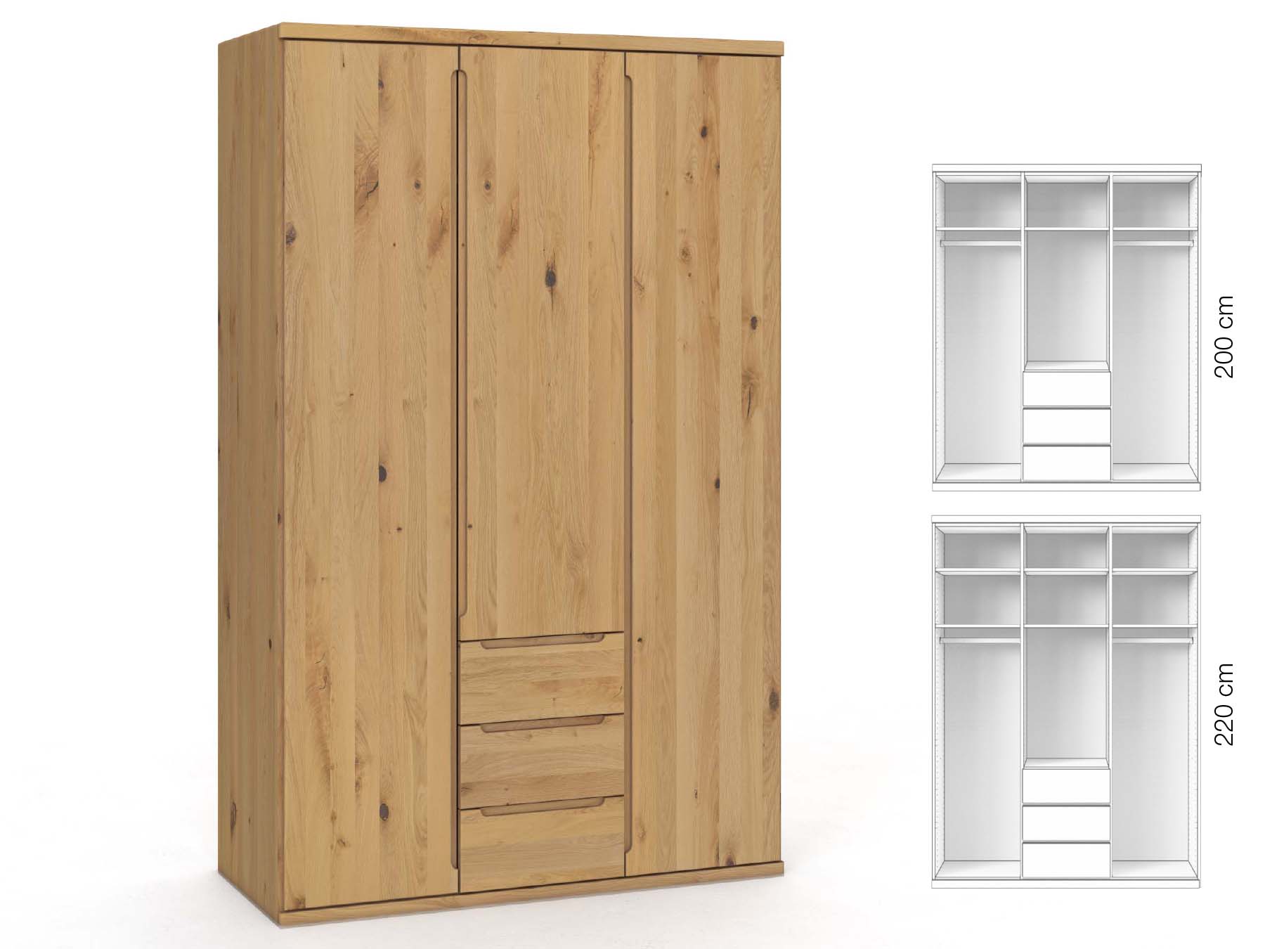 Wildeichenschrank Hell „Valentin“, 3-türig, Höhe 220 cm, Griffausführung „Lukas“, Inneneinrichtung: E