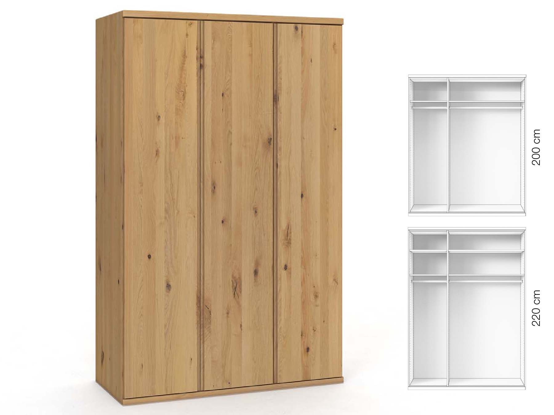 Wildeichenschrank Hell „Valentin“, 3-türig, Höhe 220 cm, Griffausführung „Patrizia“, Inneneinrichtung: A