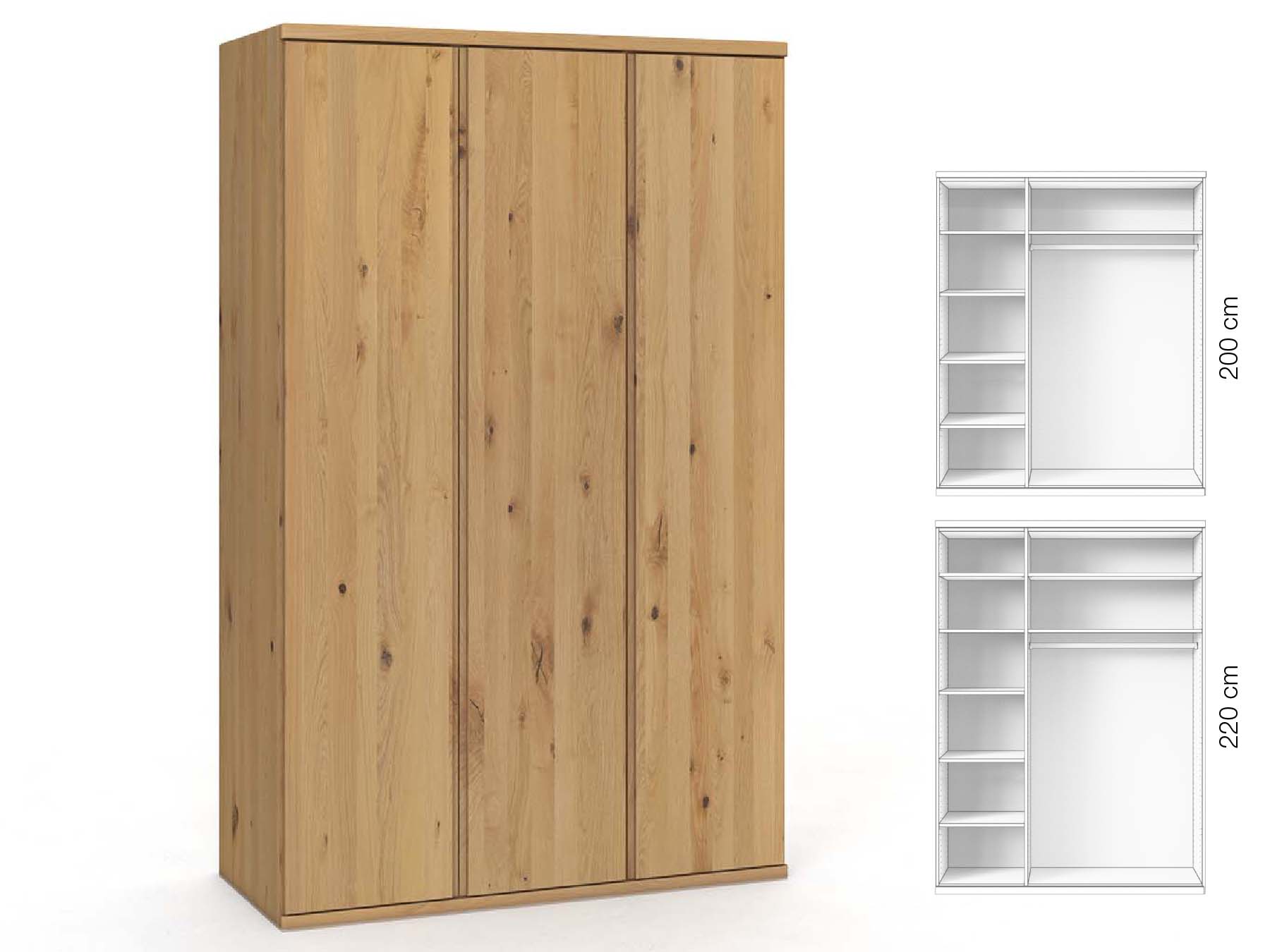 Wildeichenschrank Hell „Valentin“, 3-türig, Höhe 220 cm, Griffausführung „Patrizia“, Inneneinrichtung: B