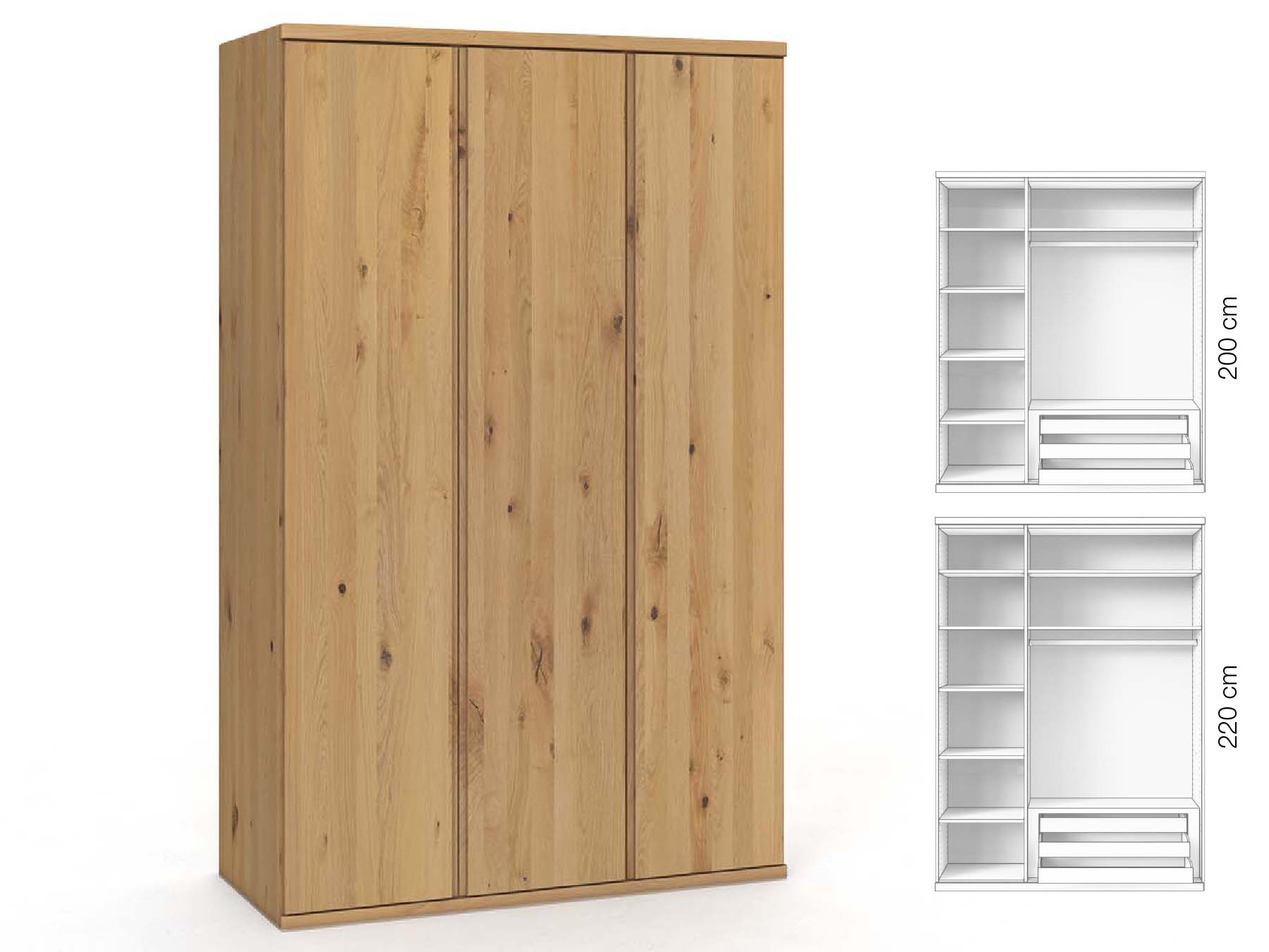 Wildeichenschrank Hell „Valentin“, 3-türig, Höhe 220 cm, Griffausführung „Patrizia“, Inneneinrichtung: C