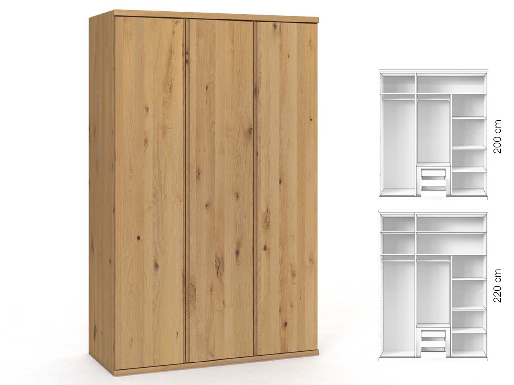 Wildeichenschrank Hell „Valentin“, 3-türig, Höhe 220 cm, Griffausführung „Patrizia“, Inneneinrichtung: D