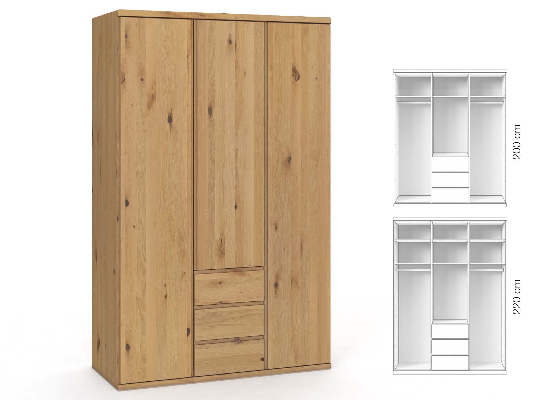 Wildeichenschrank Hell „Valentin“, 3-türig, Höhe 220 cm, Griffausführung „Patrizia“, Inneneinrichtung: E