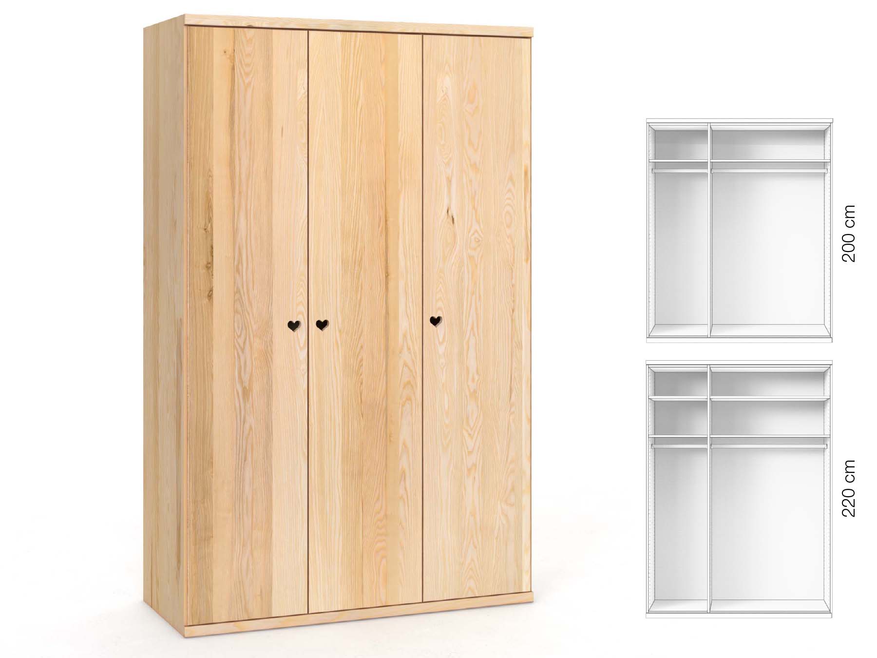 Eschenschrank „Romana“, 3-türig, Höhe 220 cm, Griffausführung „Heidi“, Inneneinrichtung: A
