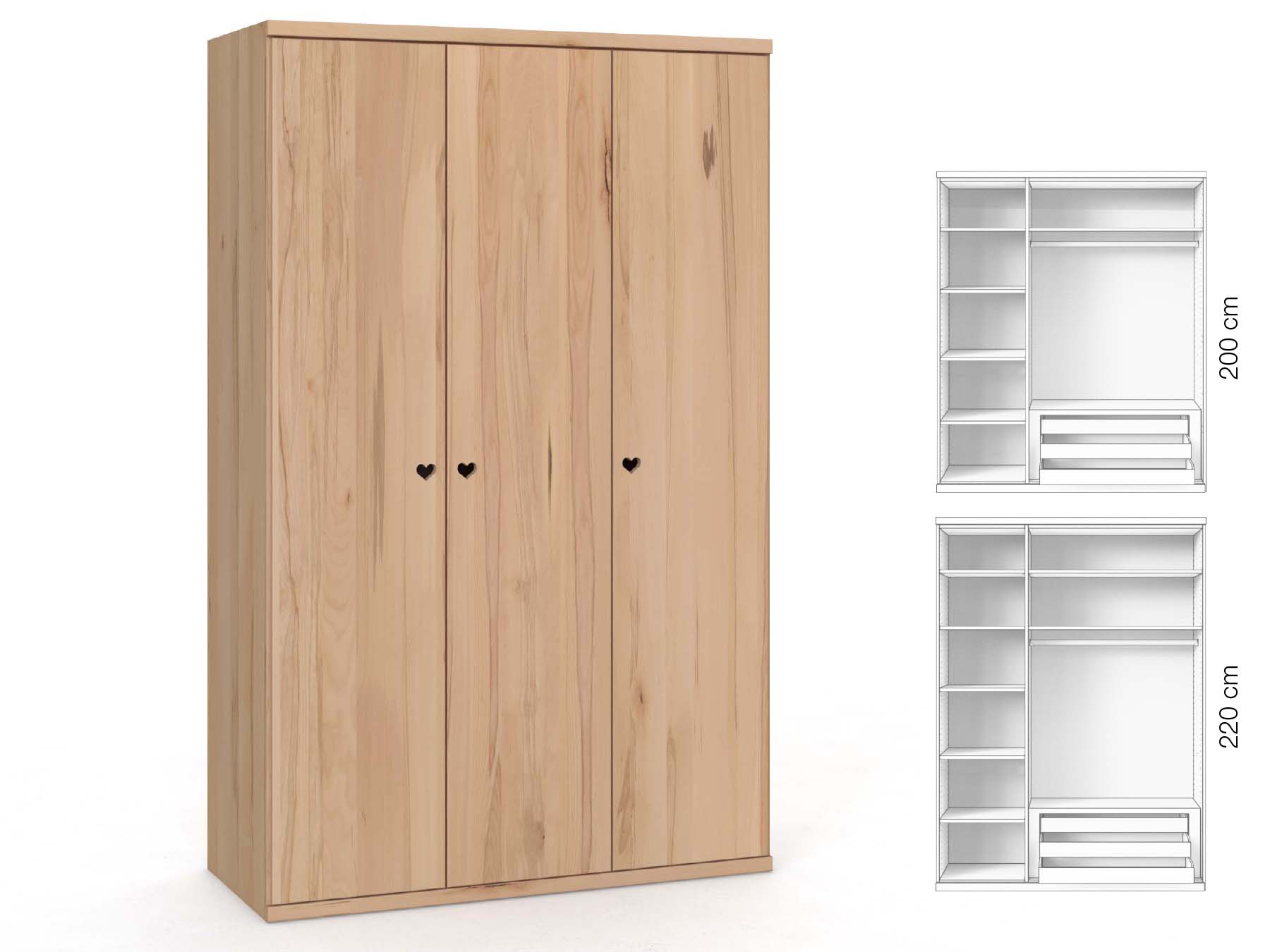 Buchenschrank „Romana“, 3-türig, Höhe 220 cm, Griffausführung „Heidi“, Inneneinrichtung: C