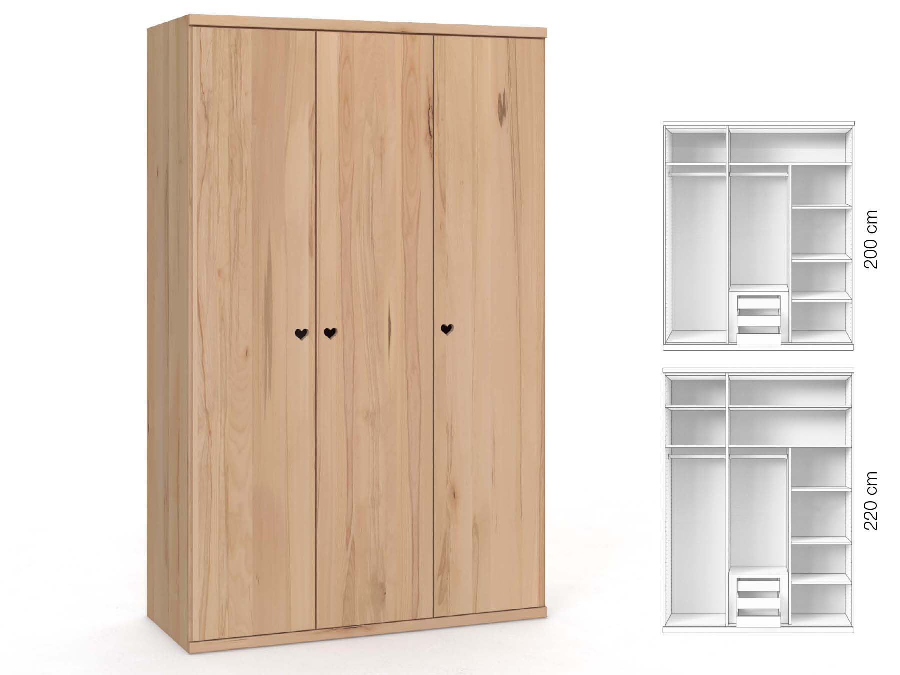 Buchenschrank „Romana“, 3-türig, Höhe 220 cm, Griffausführung „Heidi“, Inneneinrichtung: D