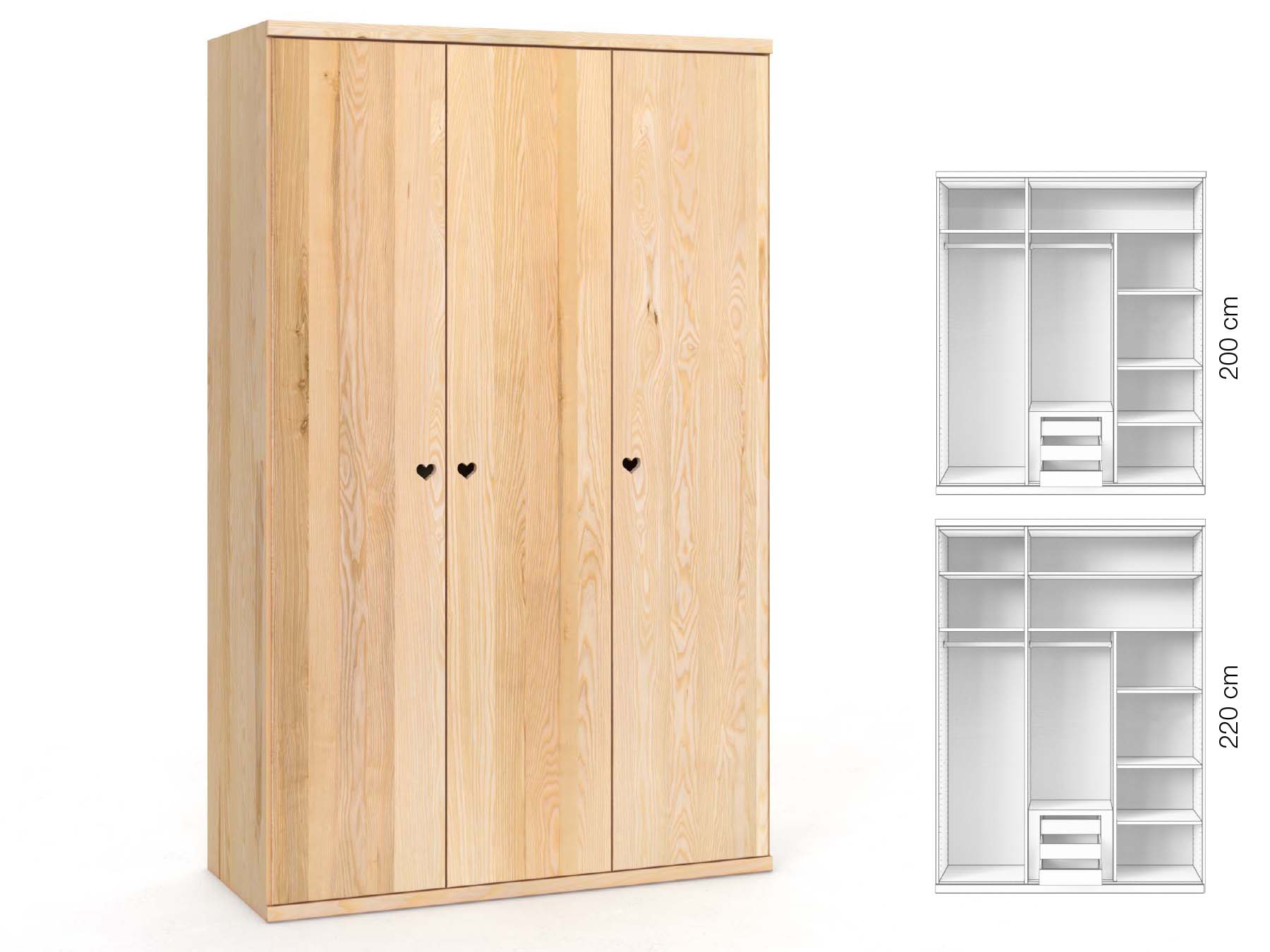 Eschenschrank „Romana“, 3-türig, Höhe 220 cm, Griffausführung „Heidi“, Inneneinrichtung: D