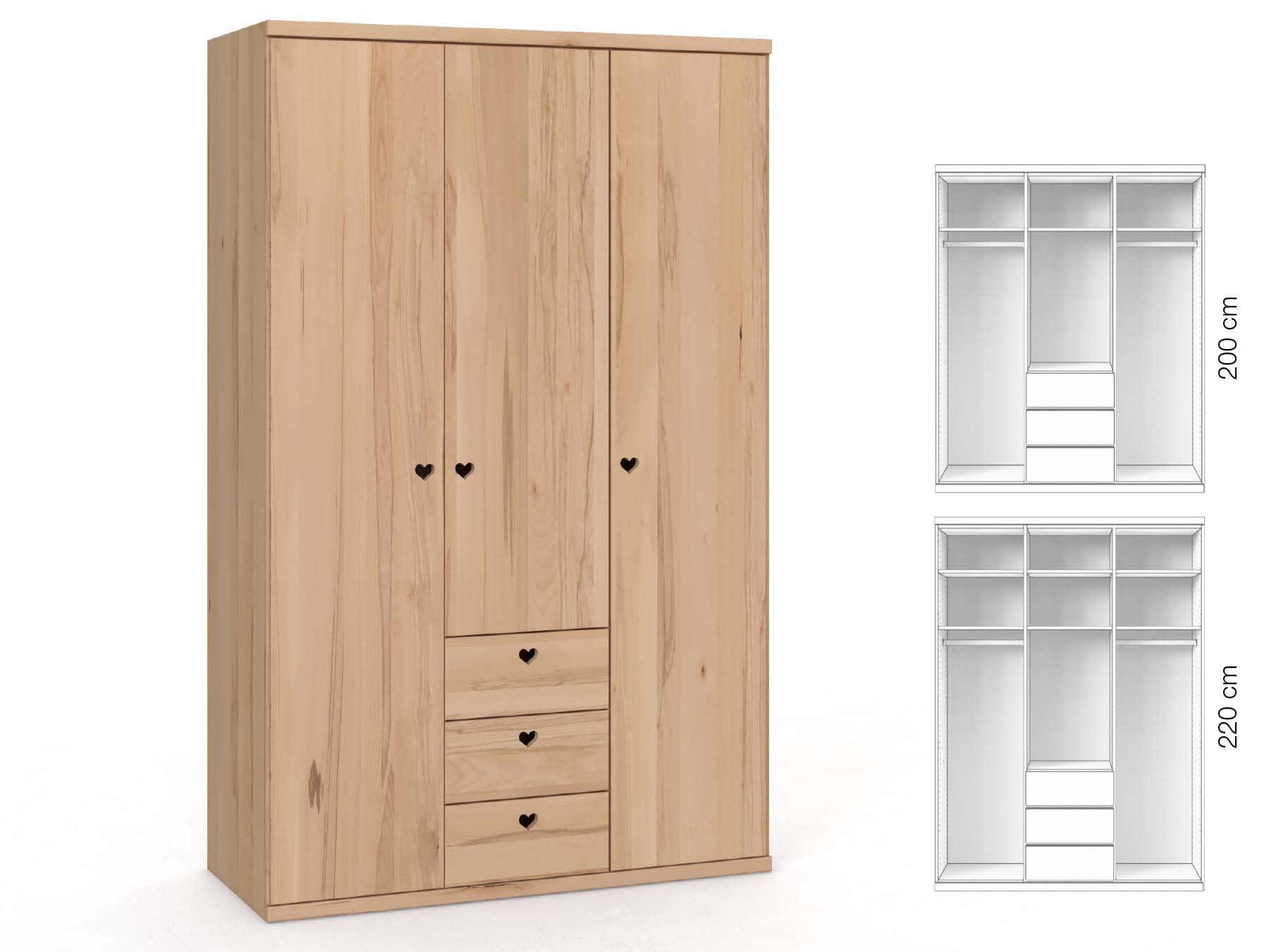 Buchenschrank „Romana“, 3-türig, Höhe 220 cm, Griffausführung „Heidi“, Inneneinrichtung: E