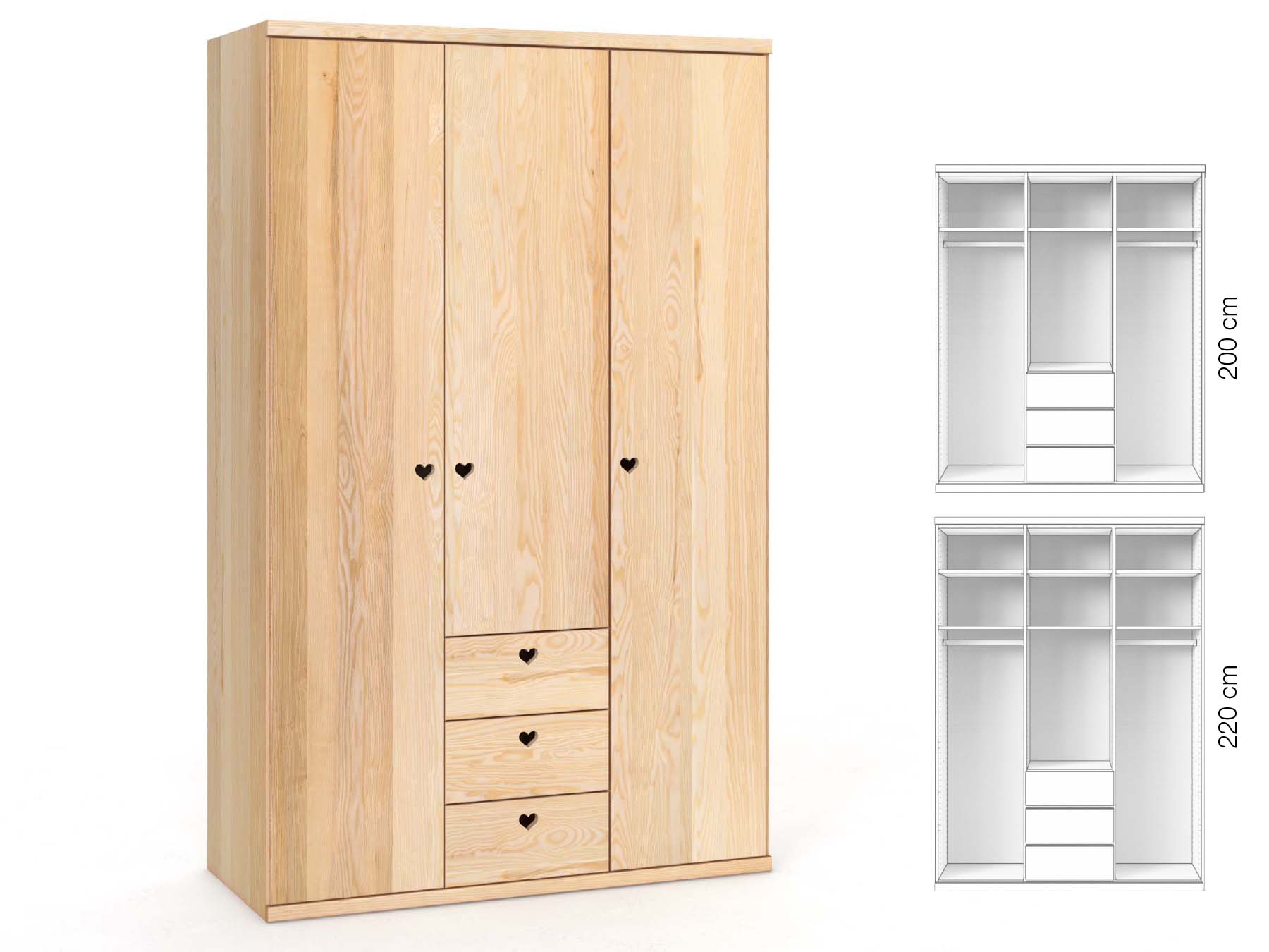 Eschenschrank „Romana“, 3-türig, Höhe 220 cm, Griffausführung „Heidi“, Inneneinrichtung: E