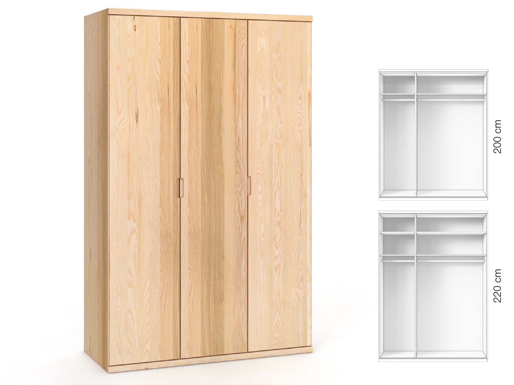 Eschenschrank „Romana“, 3-türig, Höhe 220 cm, Griffausführung „Lukas“, Inneneinrichtung: A