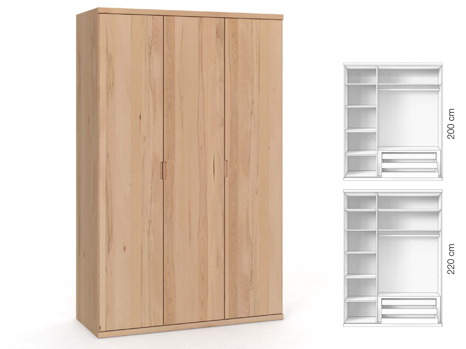Buchenschrank „Romana“, 3-türig, Höhe 220 cm, Griffausführung „Lukas“, Inneneinrichtung: C