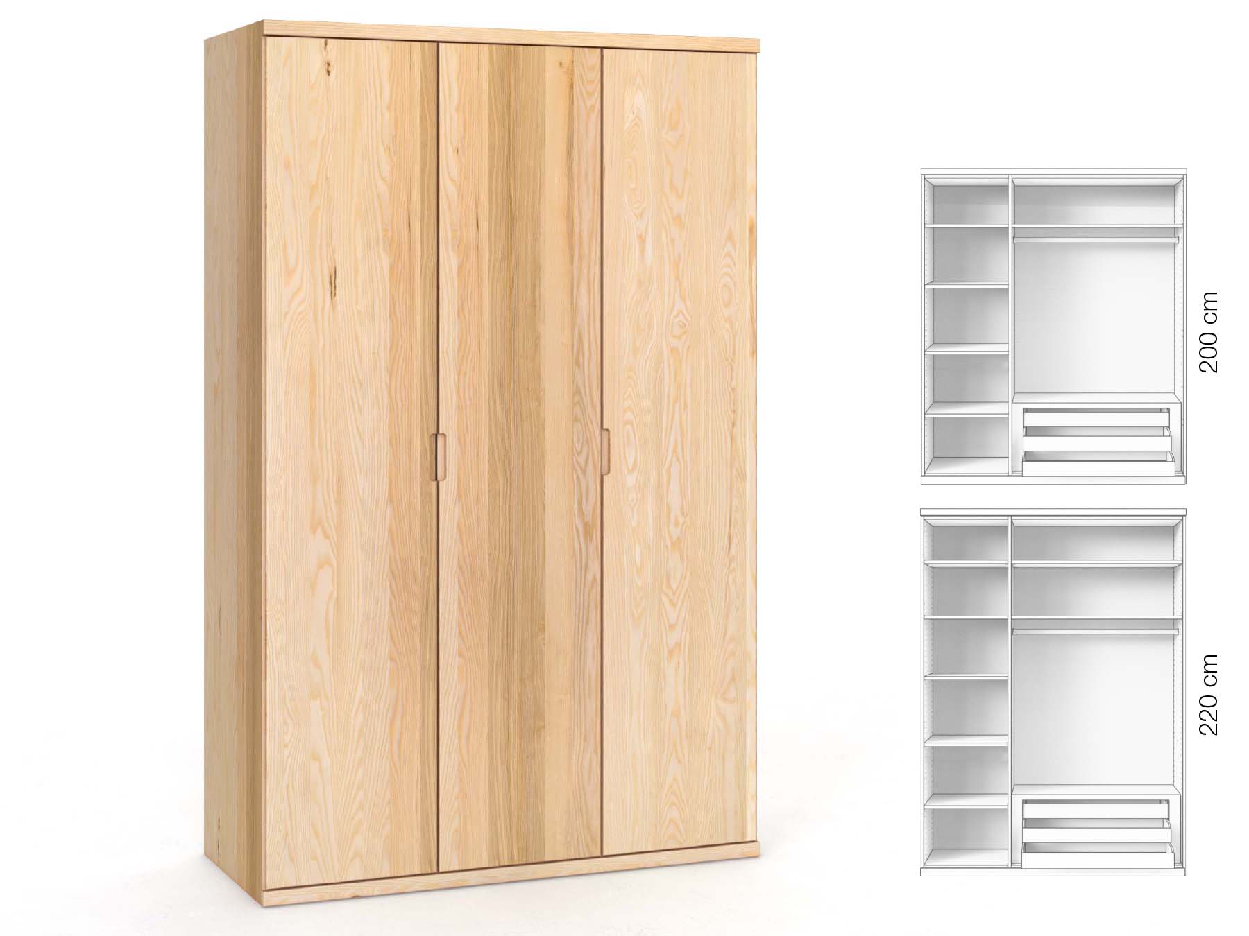 Eschenschrank „Romana“, 3-türig, Höhe 220 cm, Griffausführung „Lukas“, Inneneinrichtung: C
