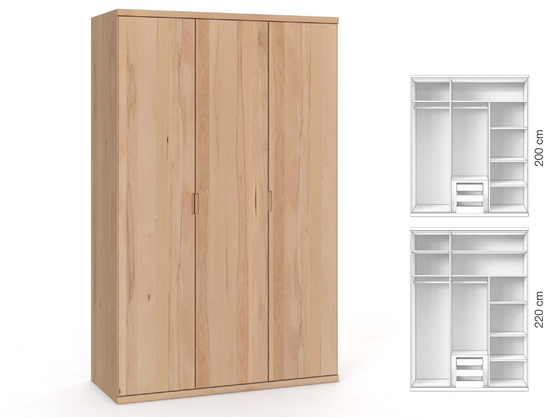 Buchenschrank „Romana“, 3-türig, Höhe 220 cm, Griffausführung „Lukas“, Inneneinrichtung: D