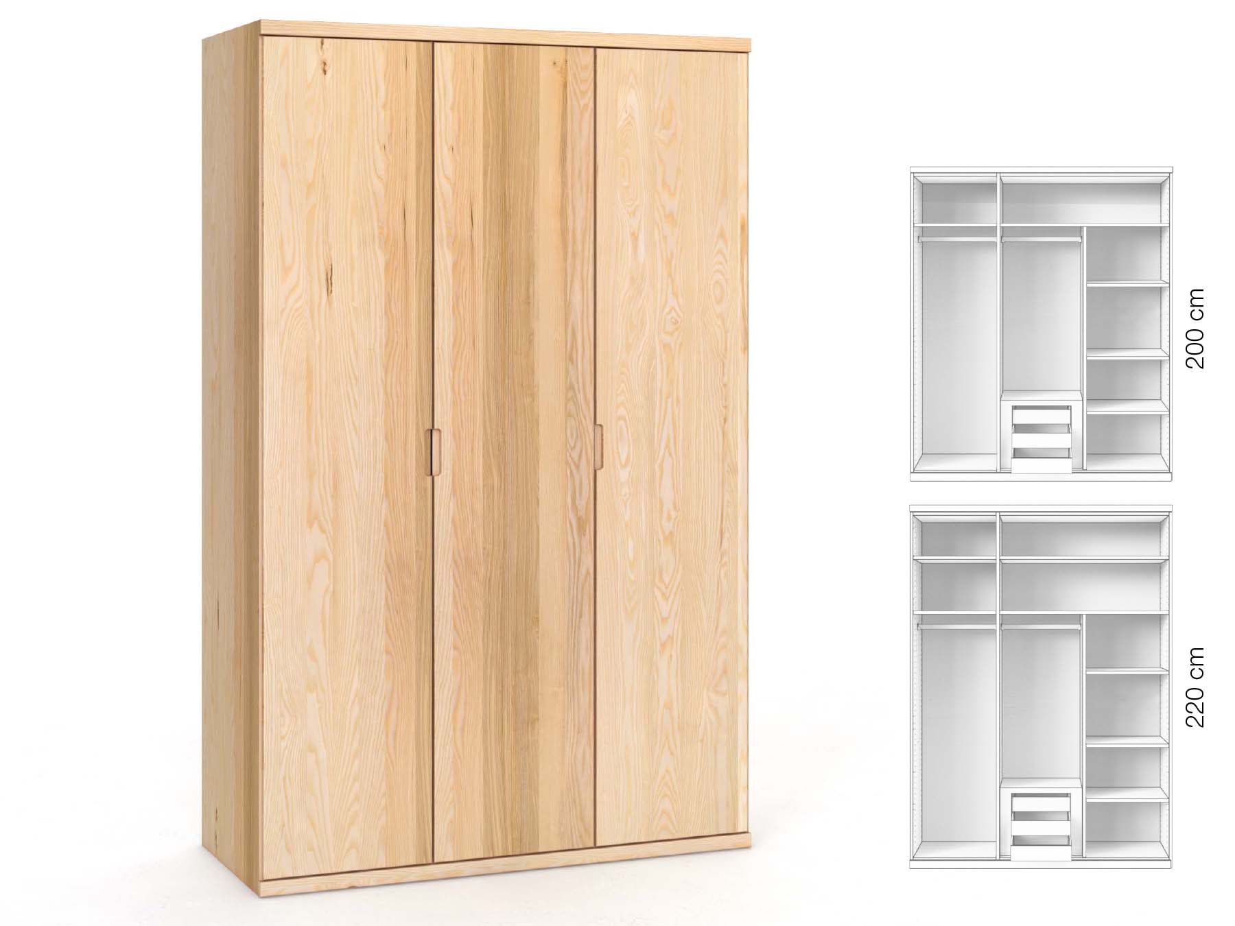 Eschenschrank „Romana“, 3-türig, Höhe 220 cm, Griffausführung „Lukas“, Inneneinrichtung: D