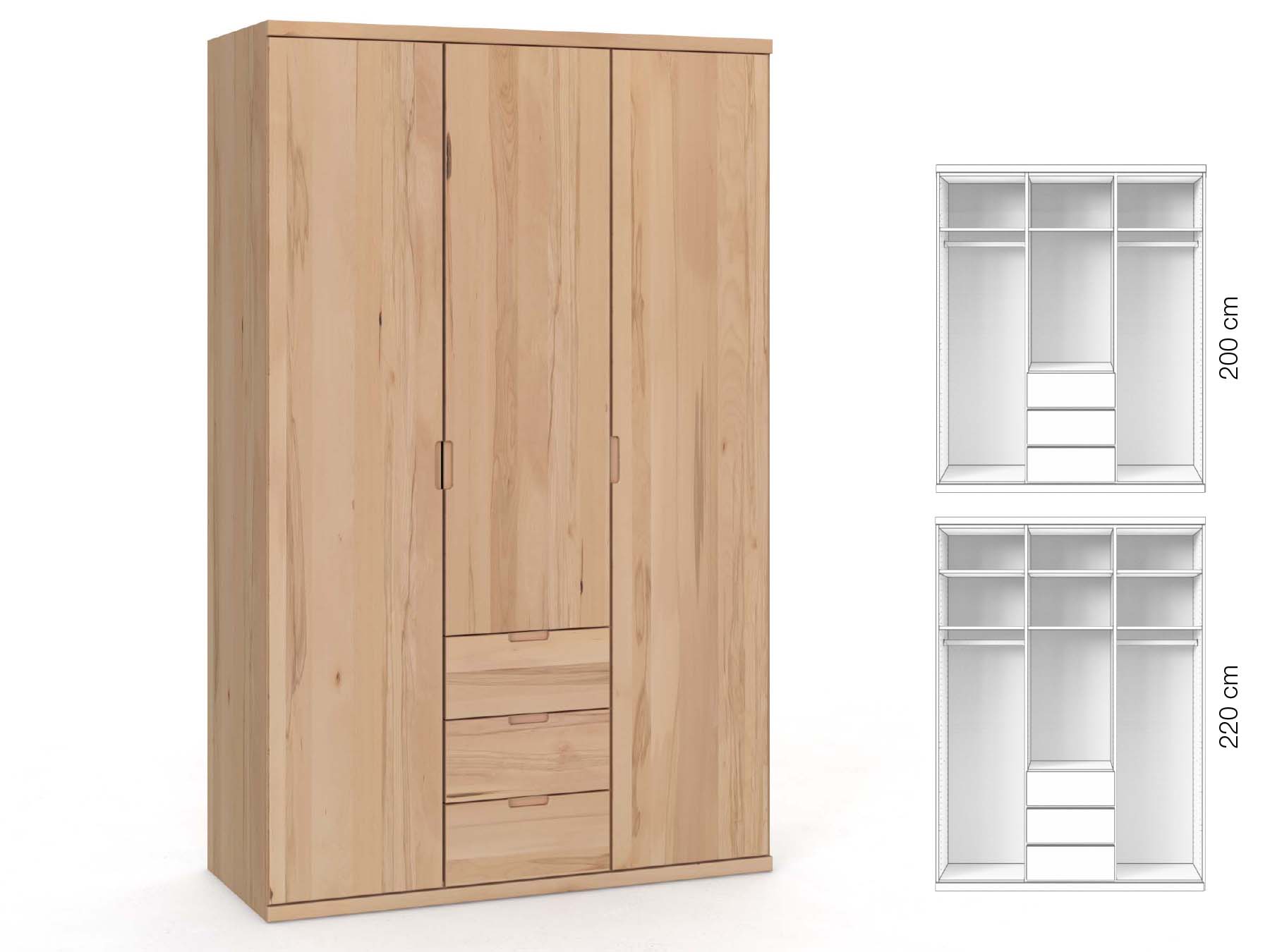 Buchenschrank „Romana“, 3-türig, Höhe 220 cm, Griffausführung „Lukas“, Inneneinrichtung: E