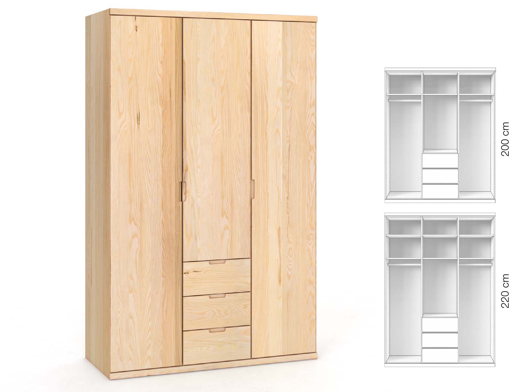 Eschenschrank „Romana“, 3-türig, Höhe 220 cm, Griffausführung „Lukas“, Inneneinrichtung: E