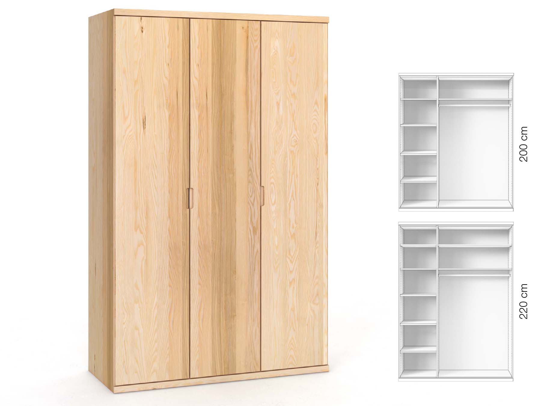 Eschenschrank „Romana“, 3-türig, Höhe 220 cm, Griffausführung „Lukas“, Inneneinrichtung: B