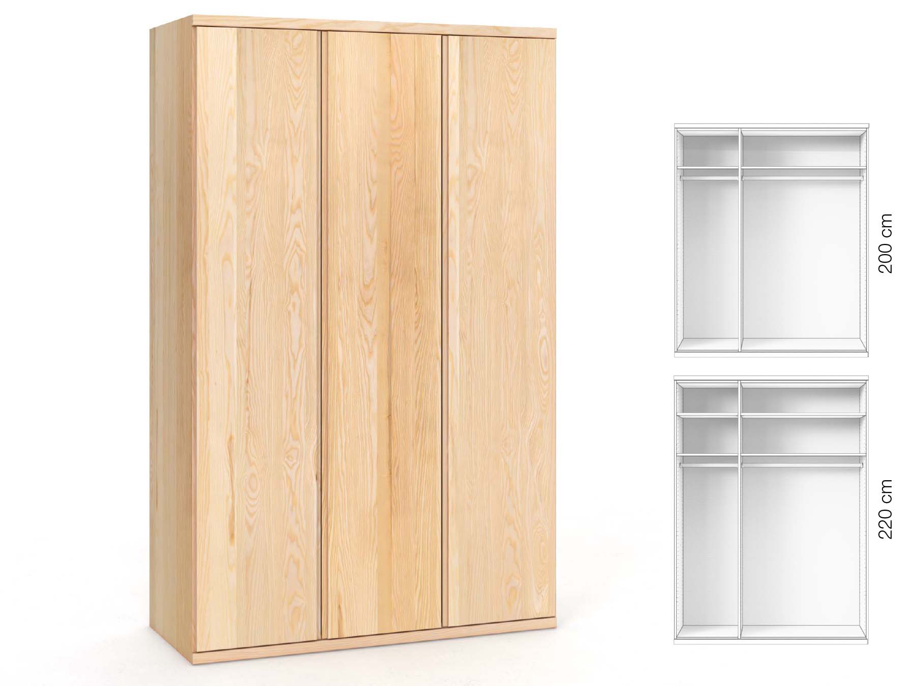 Eschenschrank „Romana“, 3-türig, Höhe 220 cm, Griffausführung „Patrizia“, Inneneinrichtung: A