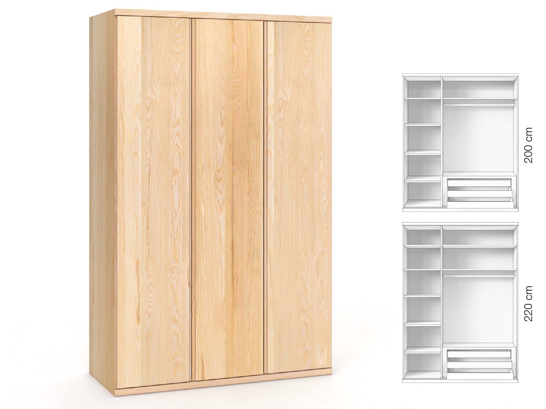 Eschenschrank „Romana“, 3-türig, Höhe 220 cm, Griffausführung „Patrizia“, Inneneinrichtung: C