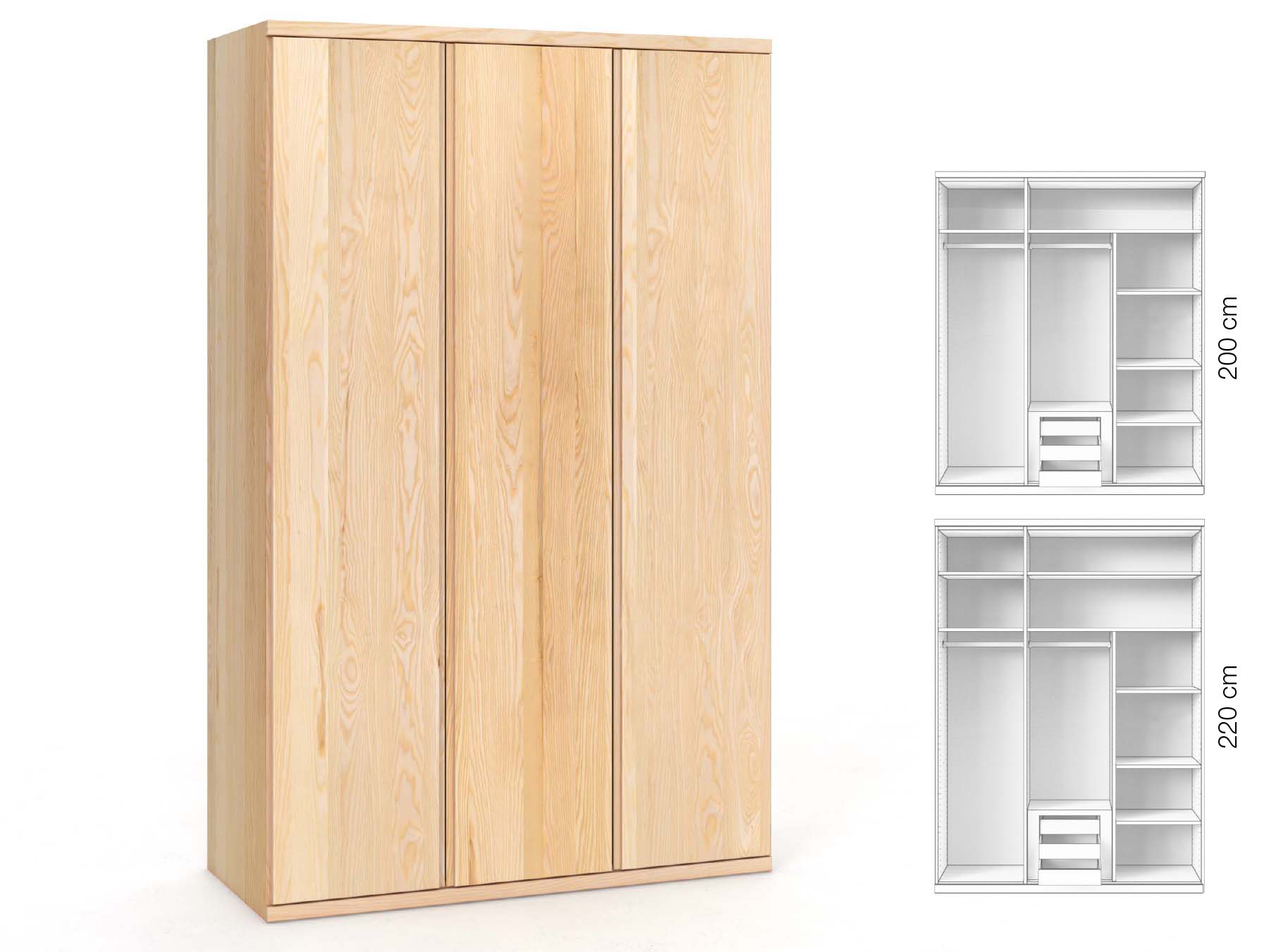Eschenschrank „Romana“, 3-türig, Höhe 220 cm, Griffausführung „Patrizia“, Inneneinrichtung: D