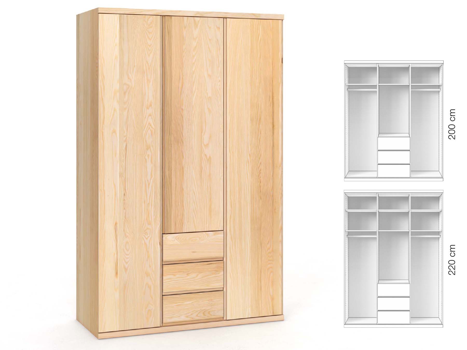 Eschenschrank „Romana“, 3-türig, Höhe 220 cm, Griffausführung „Patrizia“, Inneneinrichtung: E