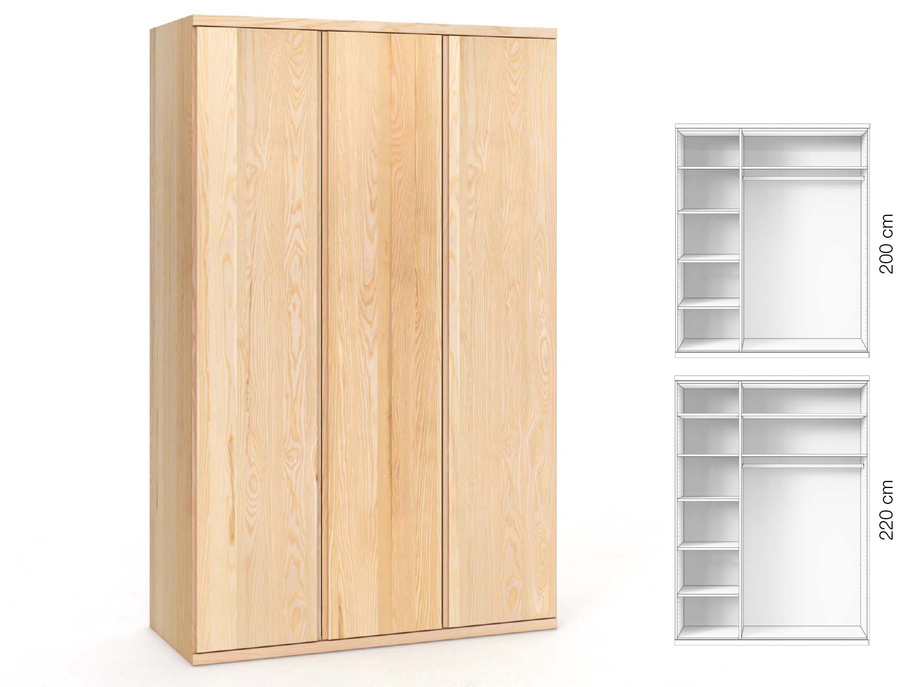 Eschenschrank „Romana“, 3-türig, Höhe 220 cm, Griffausführung „Patrizia“, Inneneinrichtung: B