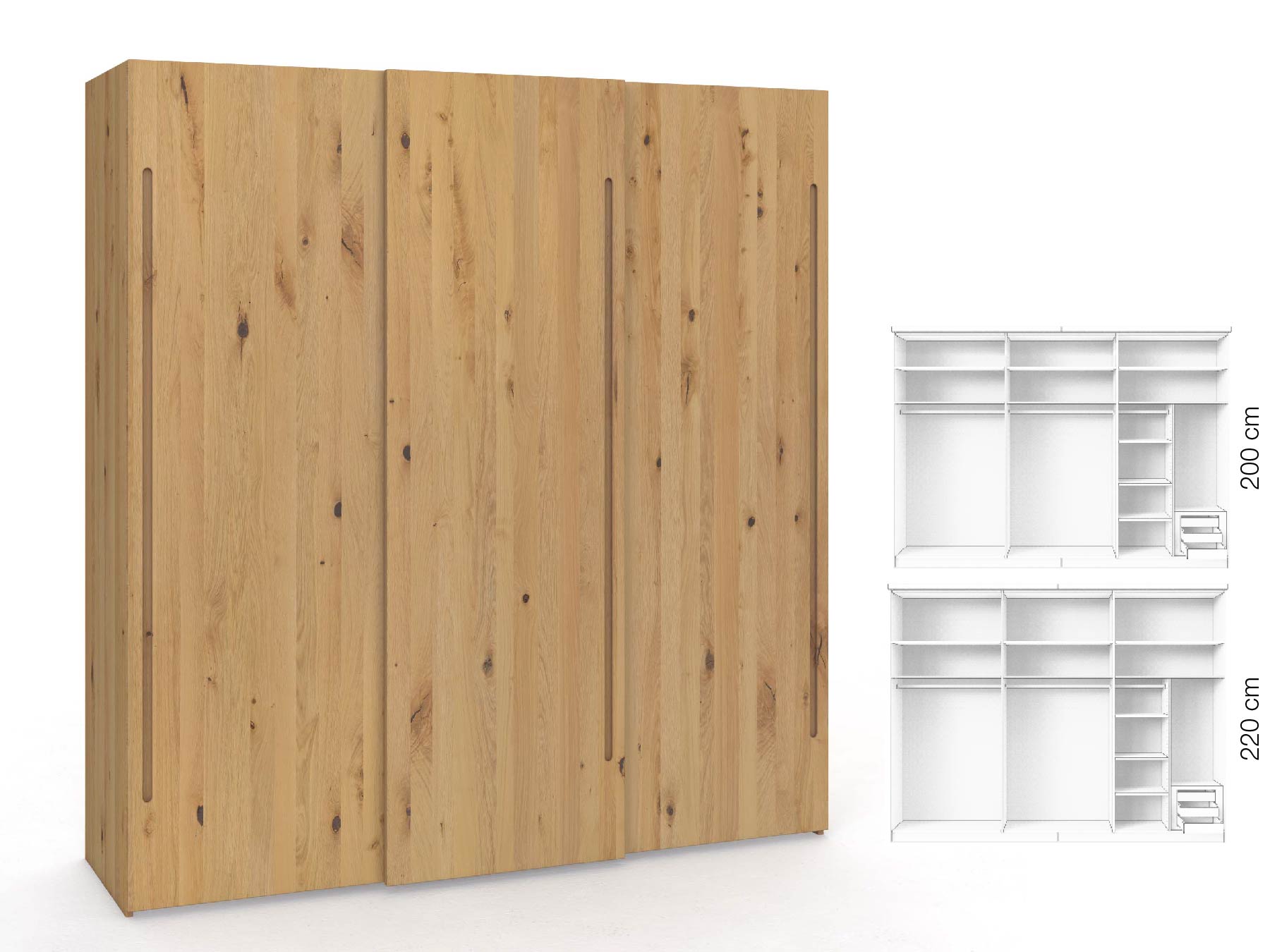 Wildeichenschrank Hell „Ludwig", 3-türig, Höhe 220 cm, Inneneinrichtung: C, Griff C